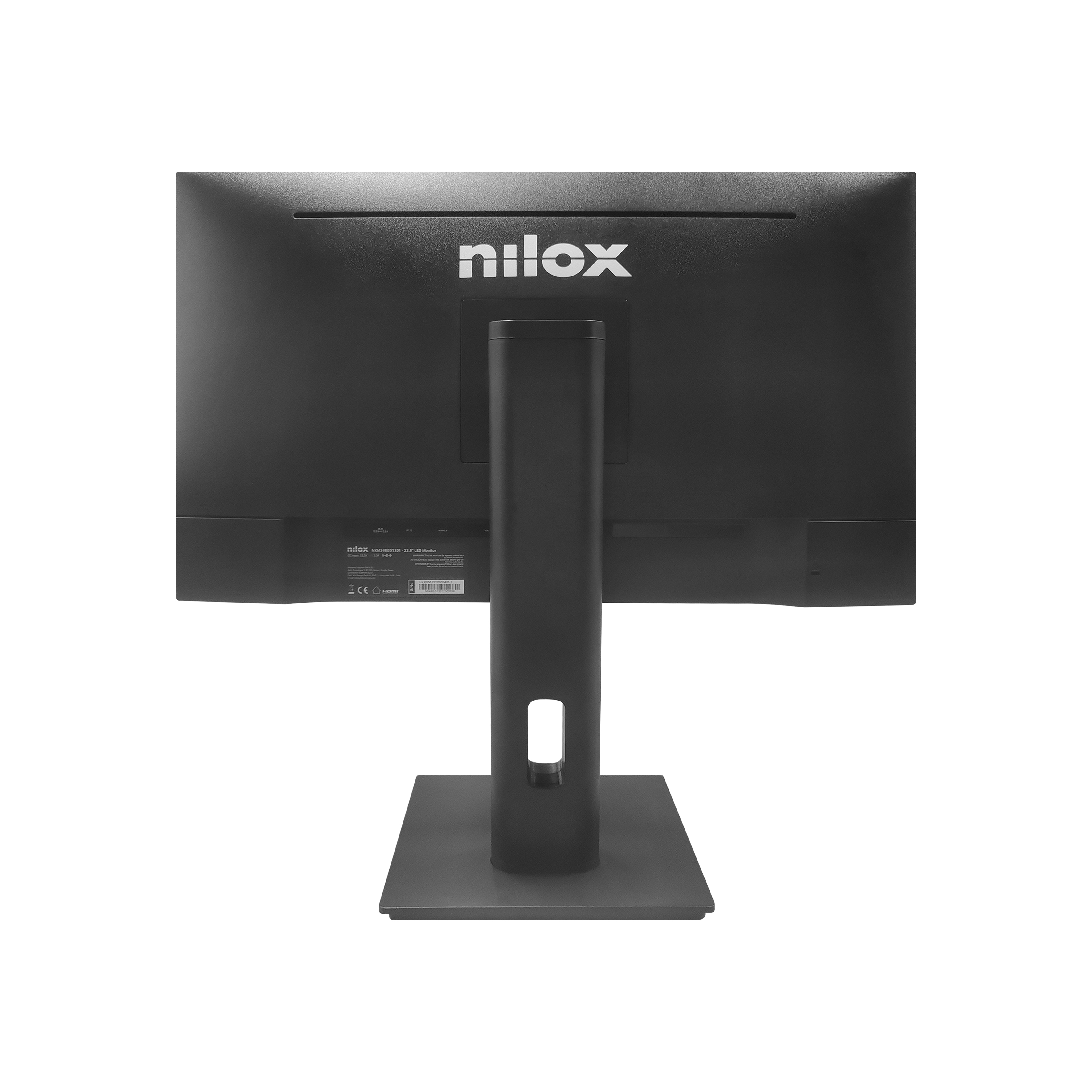 Ein schwarzer Nilox-Monitor von hinten. Der Ständer ist sichtbar. Der Hintergrund ist weiß.