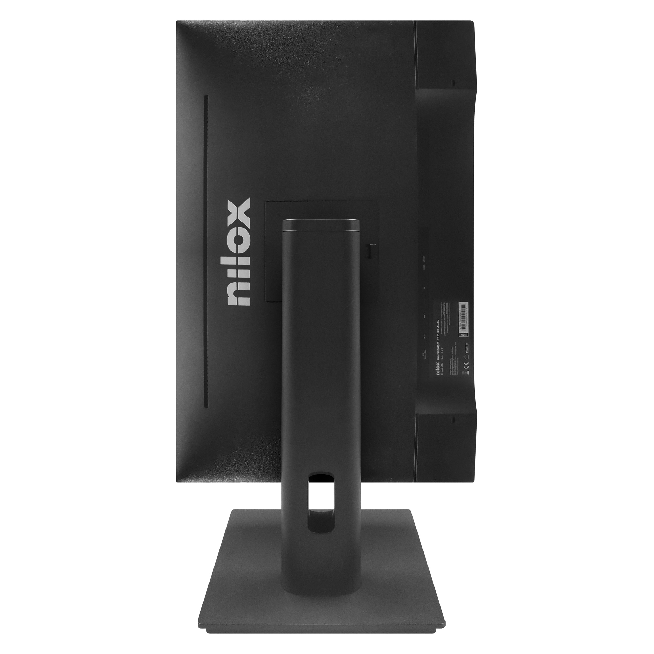 Rückansicht eines schwarzen Computermonitors mit dem Markennamen 'nilox'. Der Ständer und die Basis sind ebenfalls schwarz.