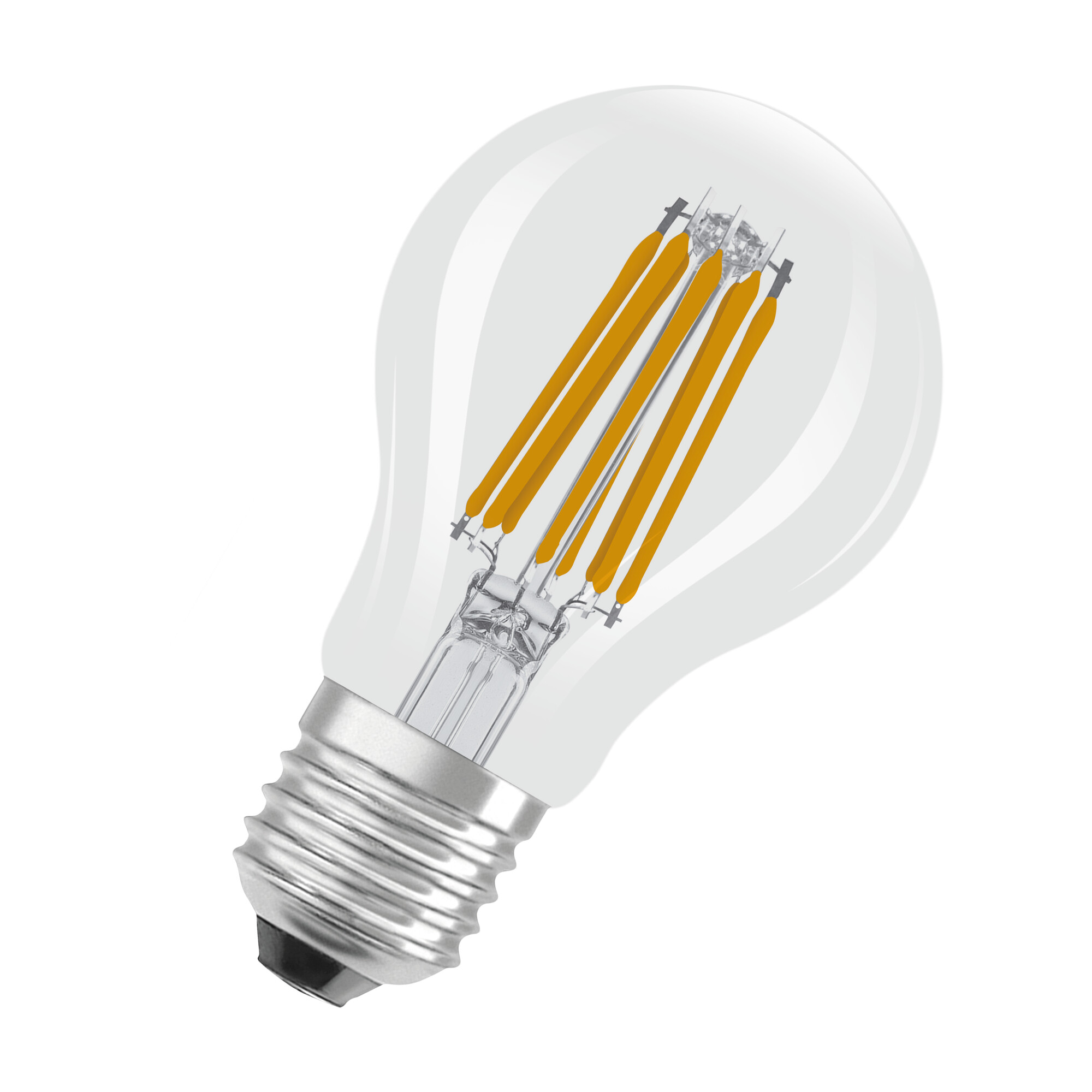 Una lampadina trasparente con filamenti arancioni all'interno, su sfondo bianco. La base è argentata.