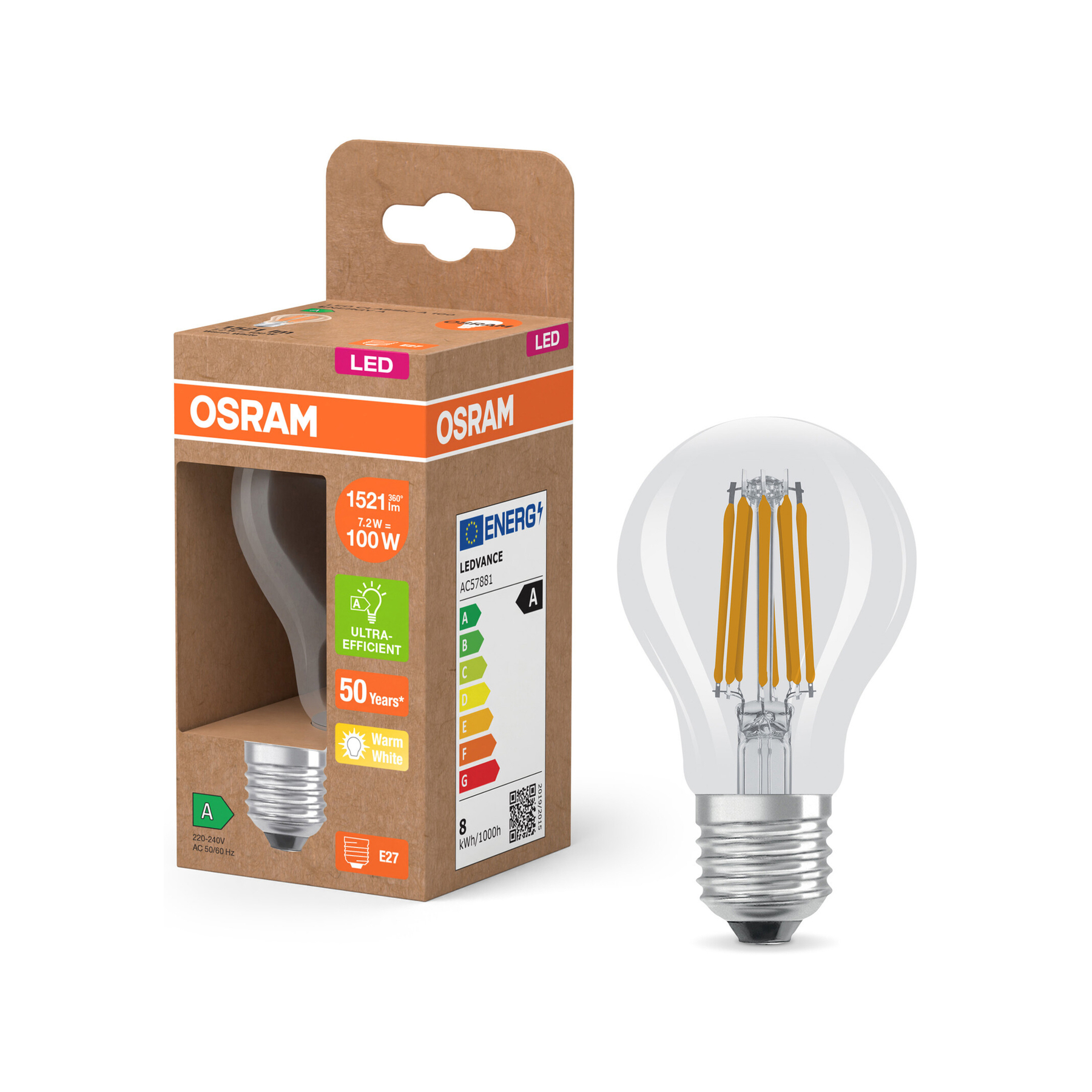 Una lampadina LED trasparente accanto a una scatola marrone con il logo Osram ed etichette di efficienza energetica.