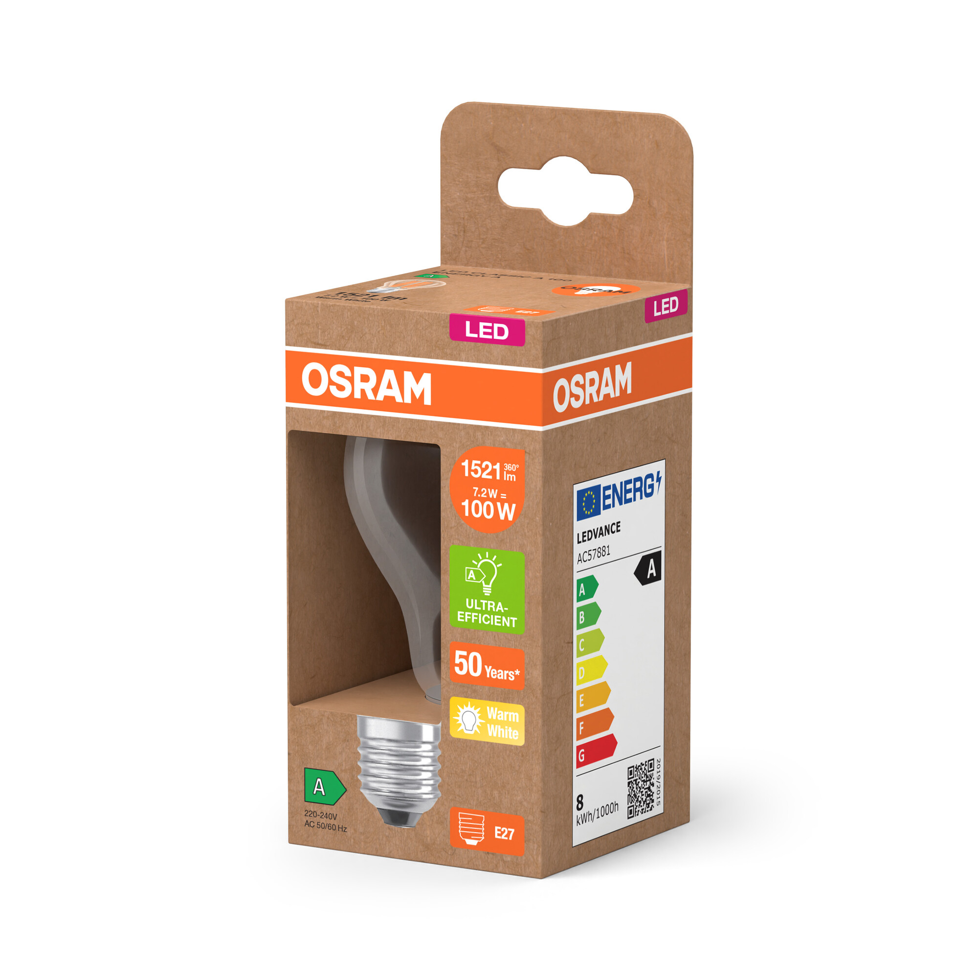 Una confezione di lampadine LED OSRAM. Mostra la lampadina e le sue specifiche, tra cui l'efficienza energetica e la potenza.