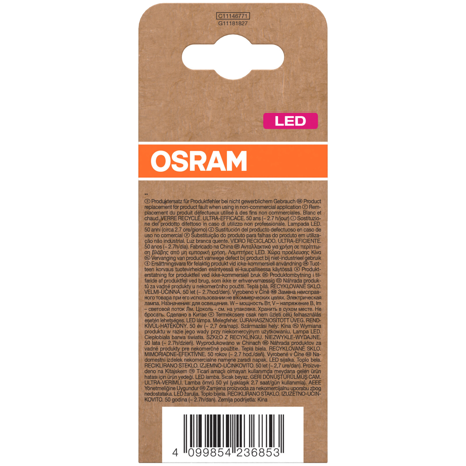 Confezione con loghi OSRAM e LED. Contiene testo multilingue e un codice a barre.