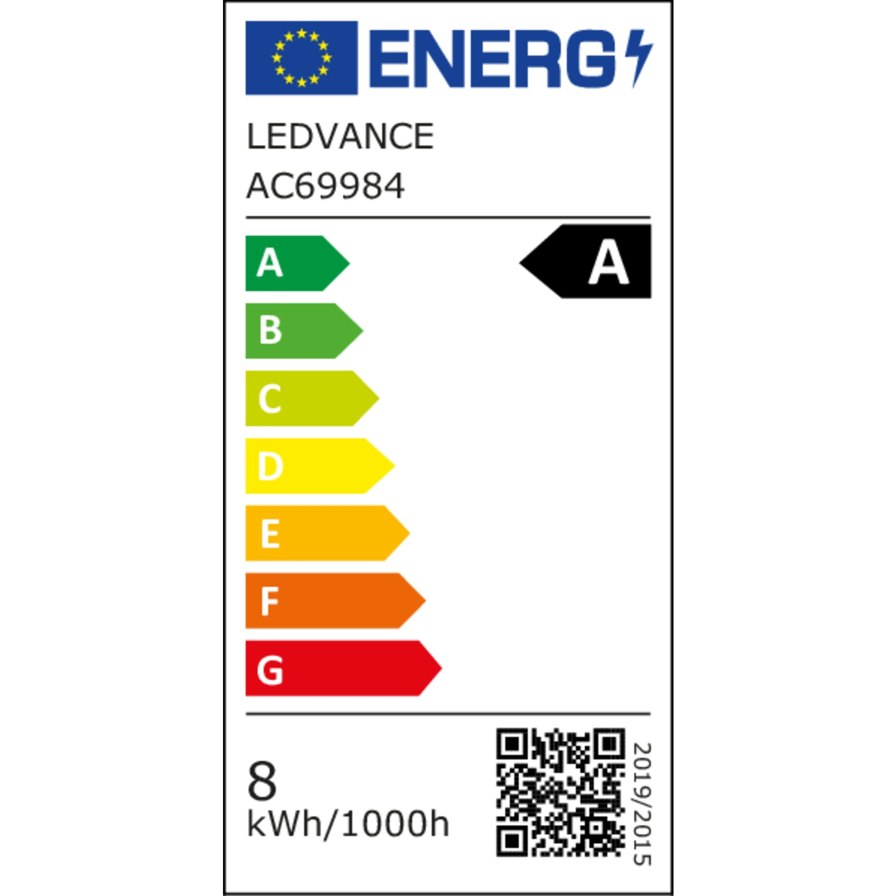 Etichetta energetica con logo UE, marchio LEDVANCE e classi di efficienza energetica da A a G. Presenti anche codice QR e testo 2019/2015.