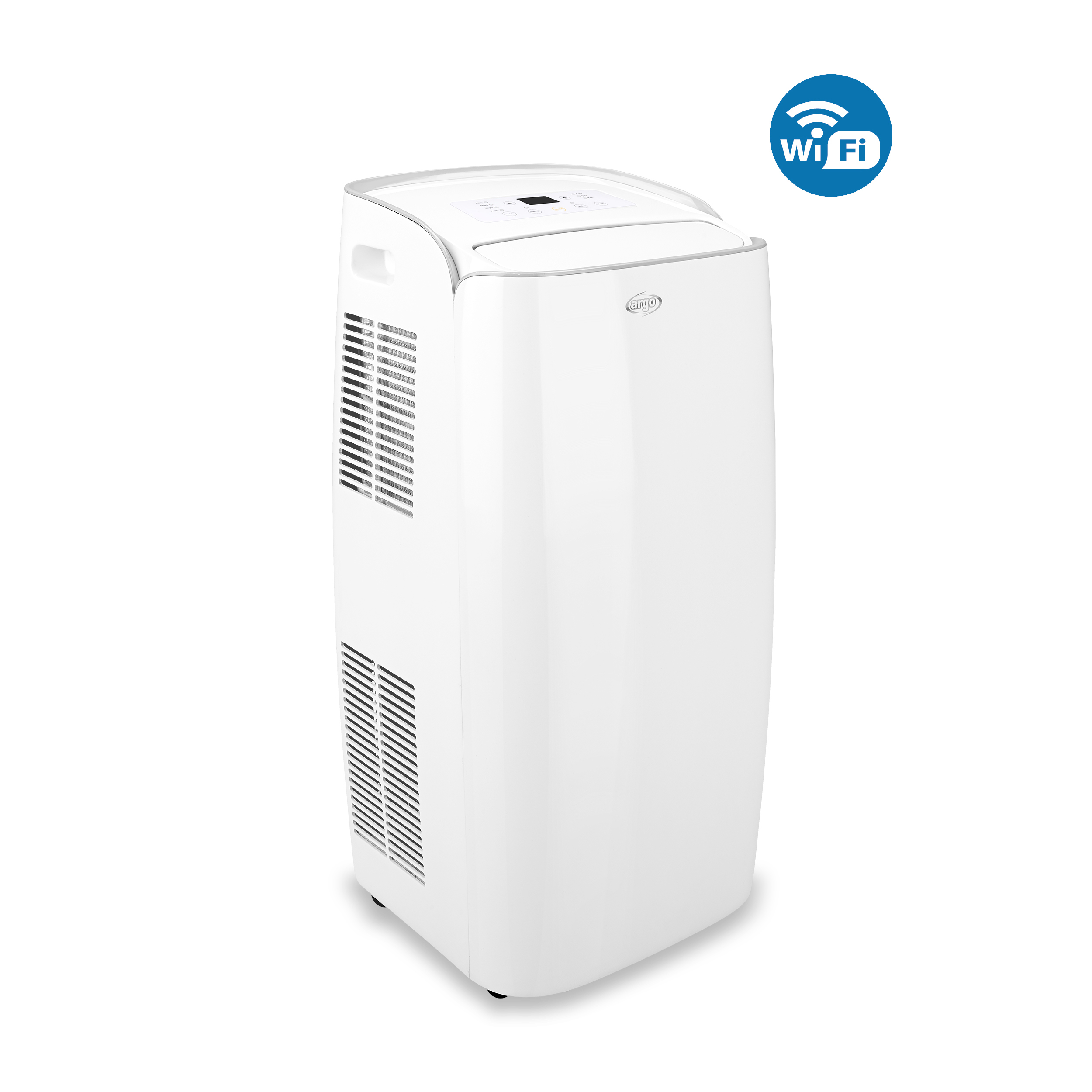 Condizionatore portatile bianco con simbolo Wi-Fi. Ha un pannello di controllo sopra e prese d'aria laterali.