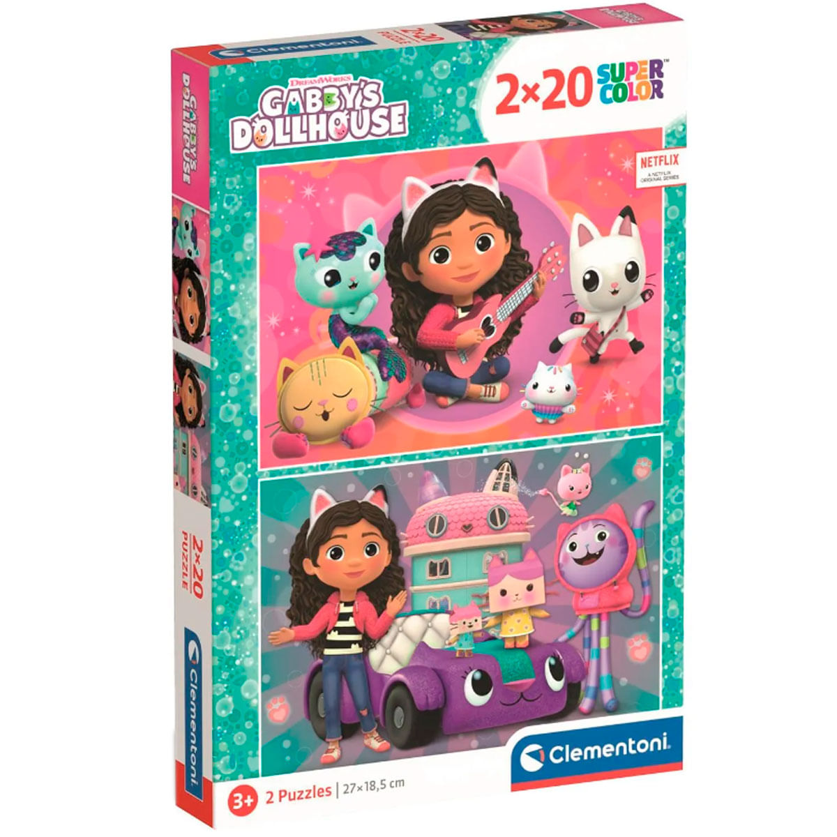 Caja de rompecabezas de Gabby's Dollhouse. Presenta a Gabby con orejas de gato, varios gatos de dibujos animados y un coche morado.
