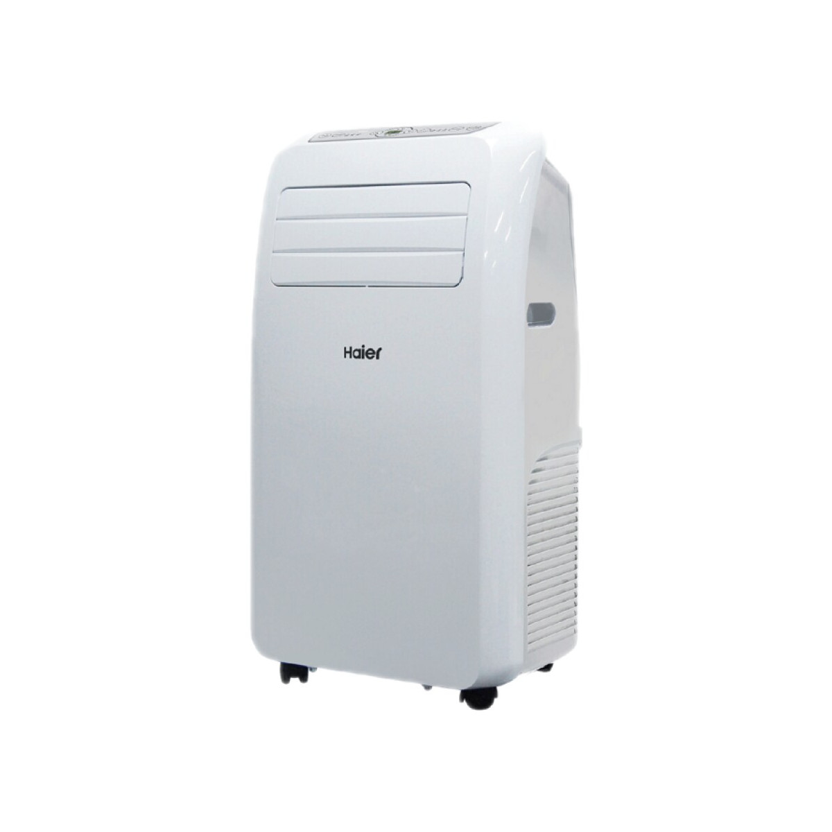 Een witte draagbare Haier airconditioner. Het heeft een ventilatieopening, bedieningspaneel en wielen. De achtergrond is wit.