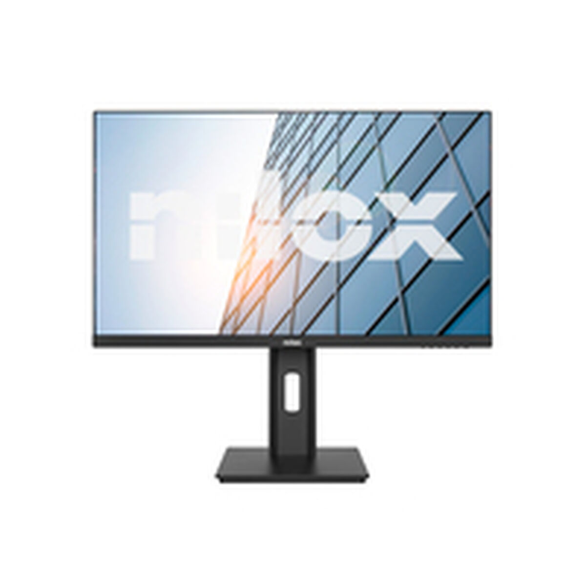 Ein schwarzer Computermonitor mit dem Wort „intex“ auf dem Bildschirm. Der Hintergrund zeigt ein blaues Gebäude. Der Monitor hat einen schwarzen Ständer.