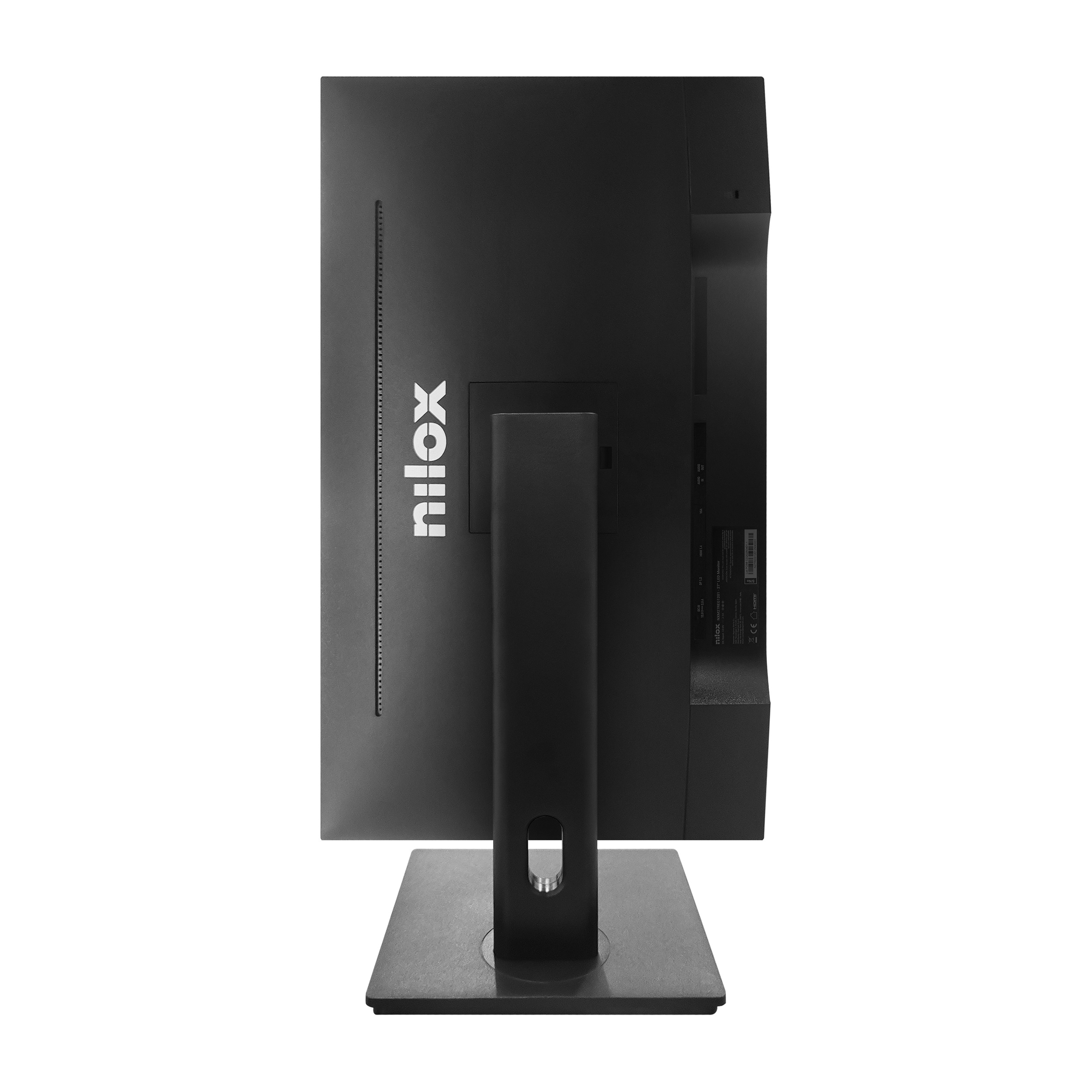Ein schwarzer Nilox-Monitor wird von hinten gezeigt. Er hat einen Ständer und steht auf einer weißen Oberfläche. Das Logo ist sichtbar.