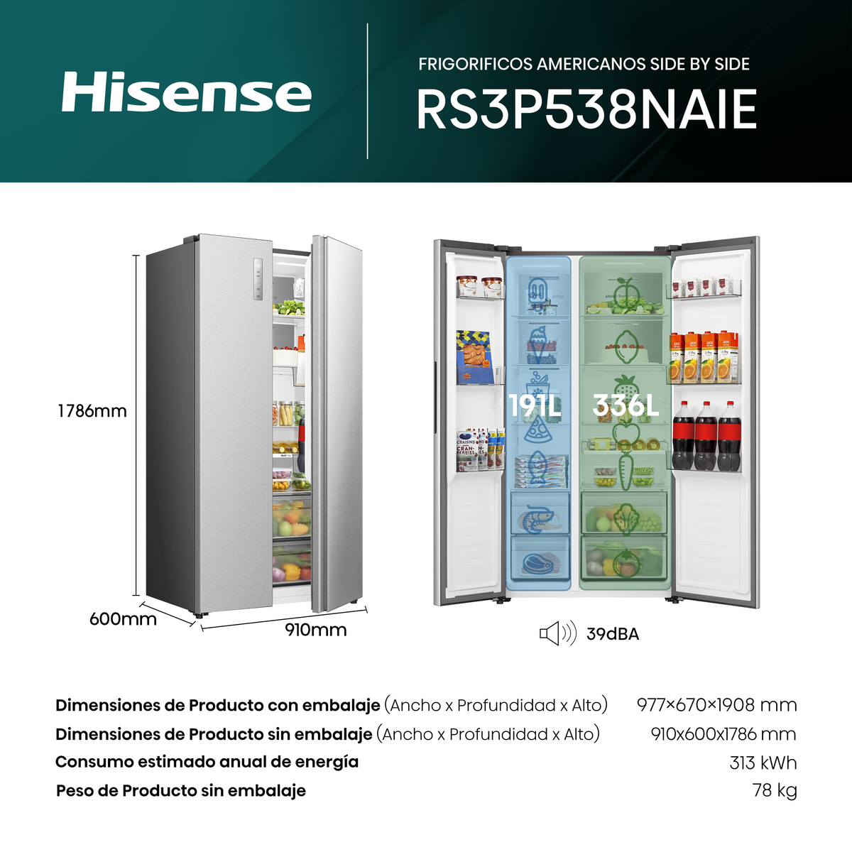 Srebrna lodówka Hisense side-by-side, otwarte drzwi, odsłaniające półki z żywnością. Tekst zawiera model, wymiary i informacje o energii.