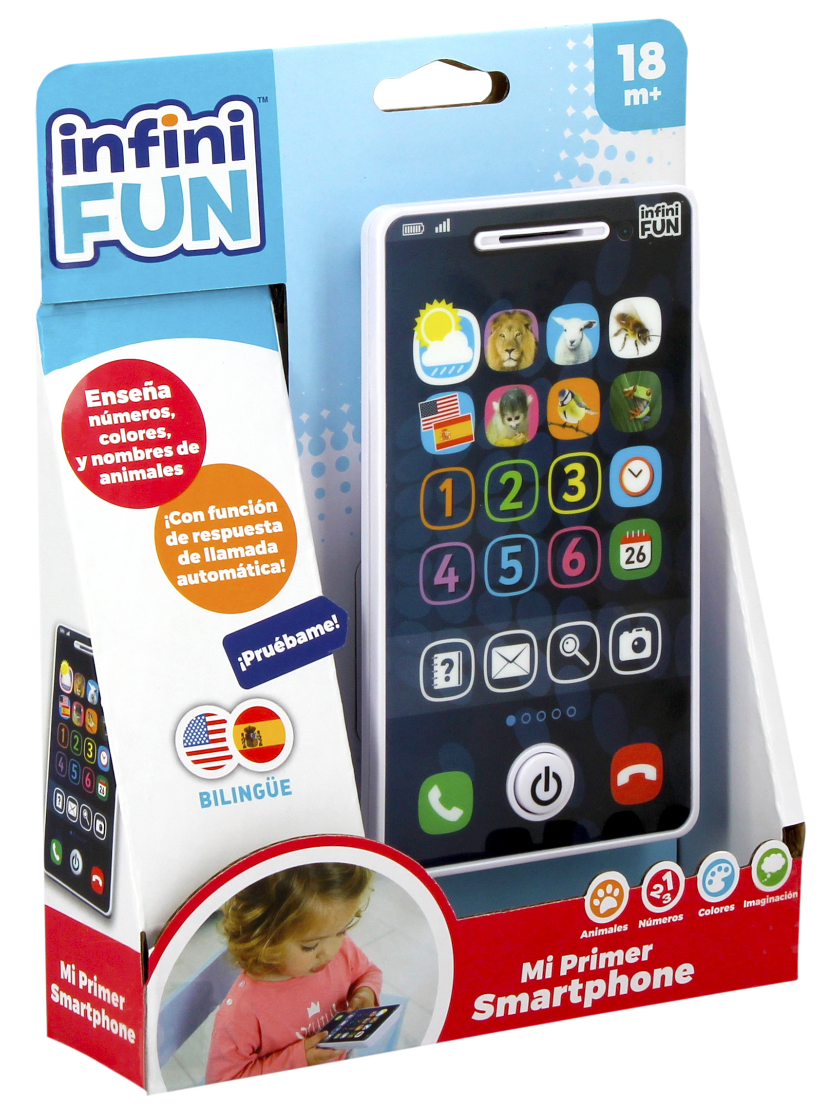 Un teléfono inteligente de juguete en embalaje. Presenta números, animales y colores. Incluye un niño mirando un teléfono similar.