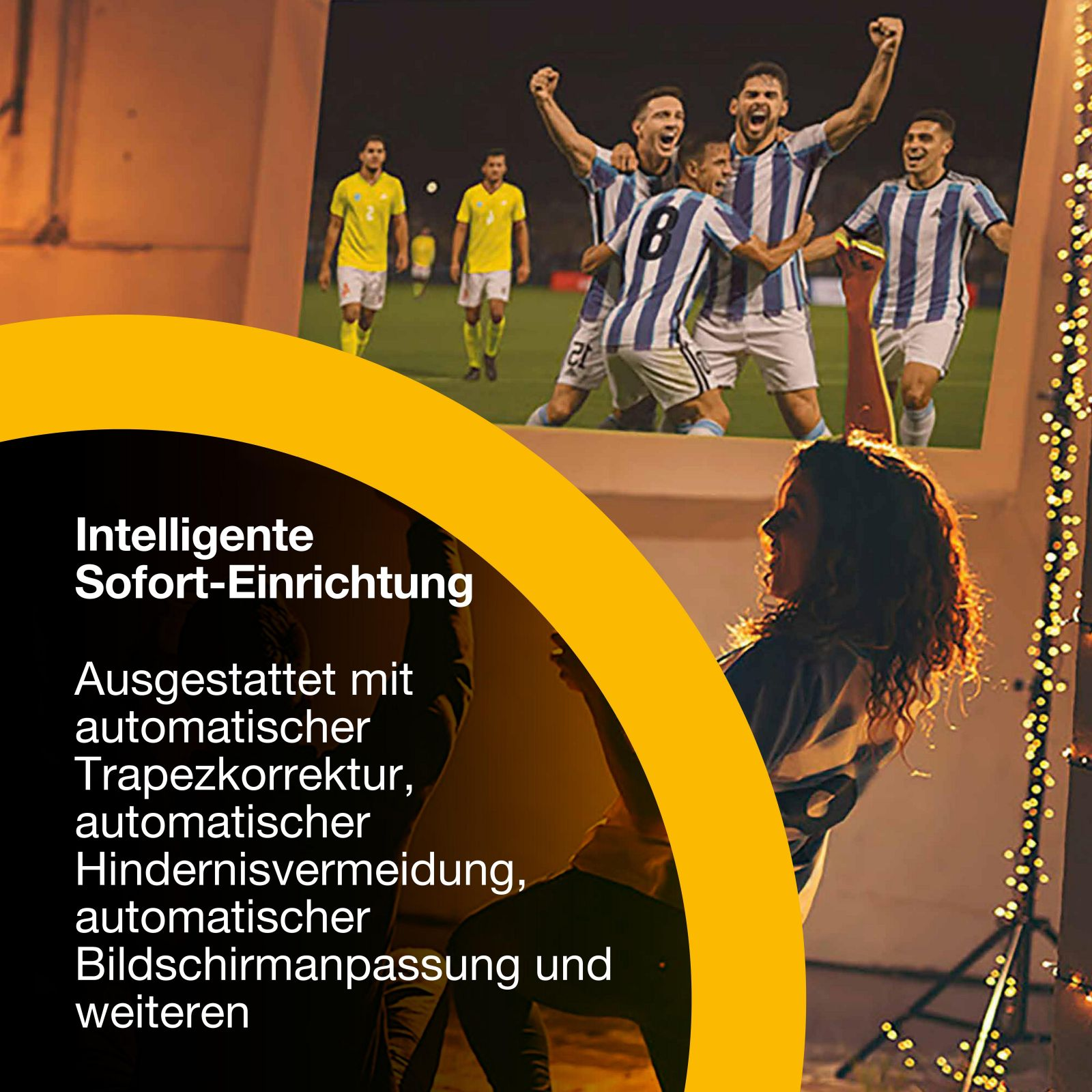 Obraz przedstawia wyświetlany mecz piłki nożnej z radującymi się zawodnikami. Z przodu jest kobieta, z łańcuchem świateł po prawej.