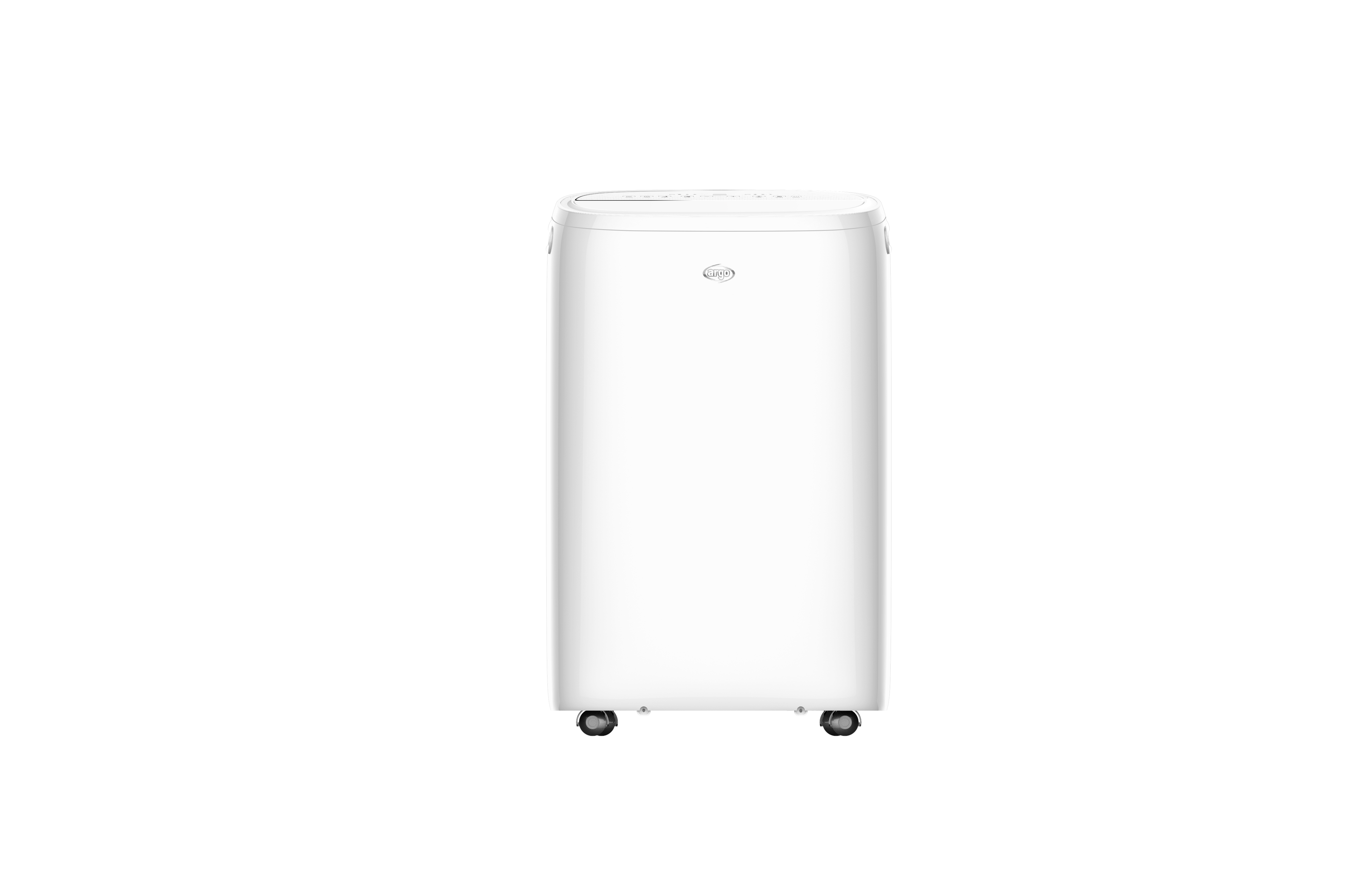 Un condizionatore bianco e rettangolare su sfondo bianco. Ha ruote e il logo 'argo'.
