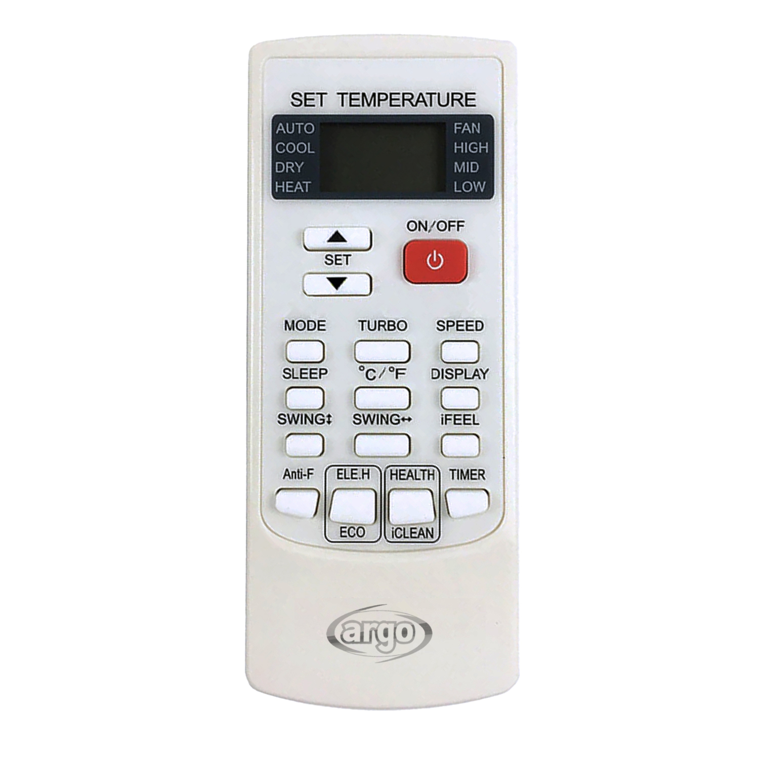 Un telecomando bianco per condizionatore Argo con vari pulsanti: accensione, modalità, temperatura e impostazioni ventola. Lo sfondo è bianco.