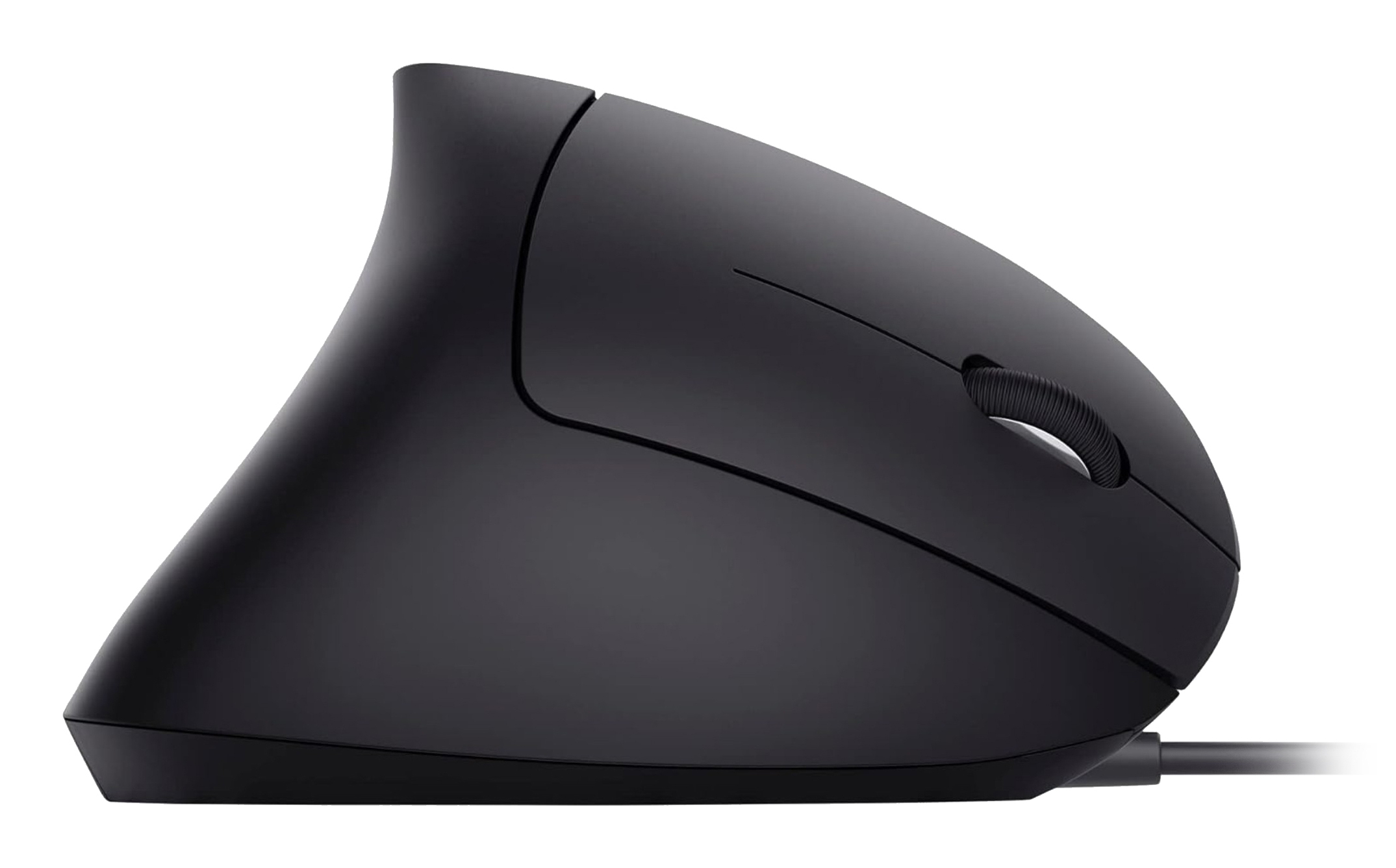 Un mouse per computer ergonomico nero con design verticale. Ha una rotella di scorrimento e un cavo. Lo sfondo è bianco.