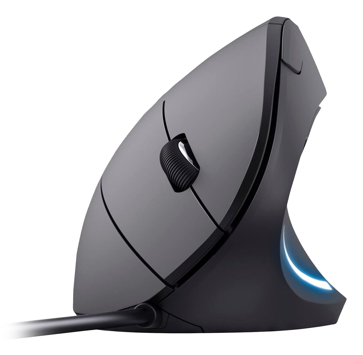 Un mouse per computer ergonomico verticale. È grigio e nero con una rotella di scorrimento e una luce blu brillante alla base.