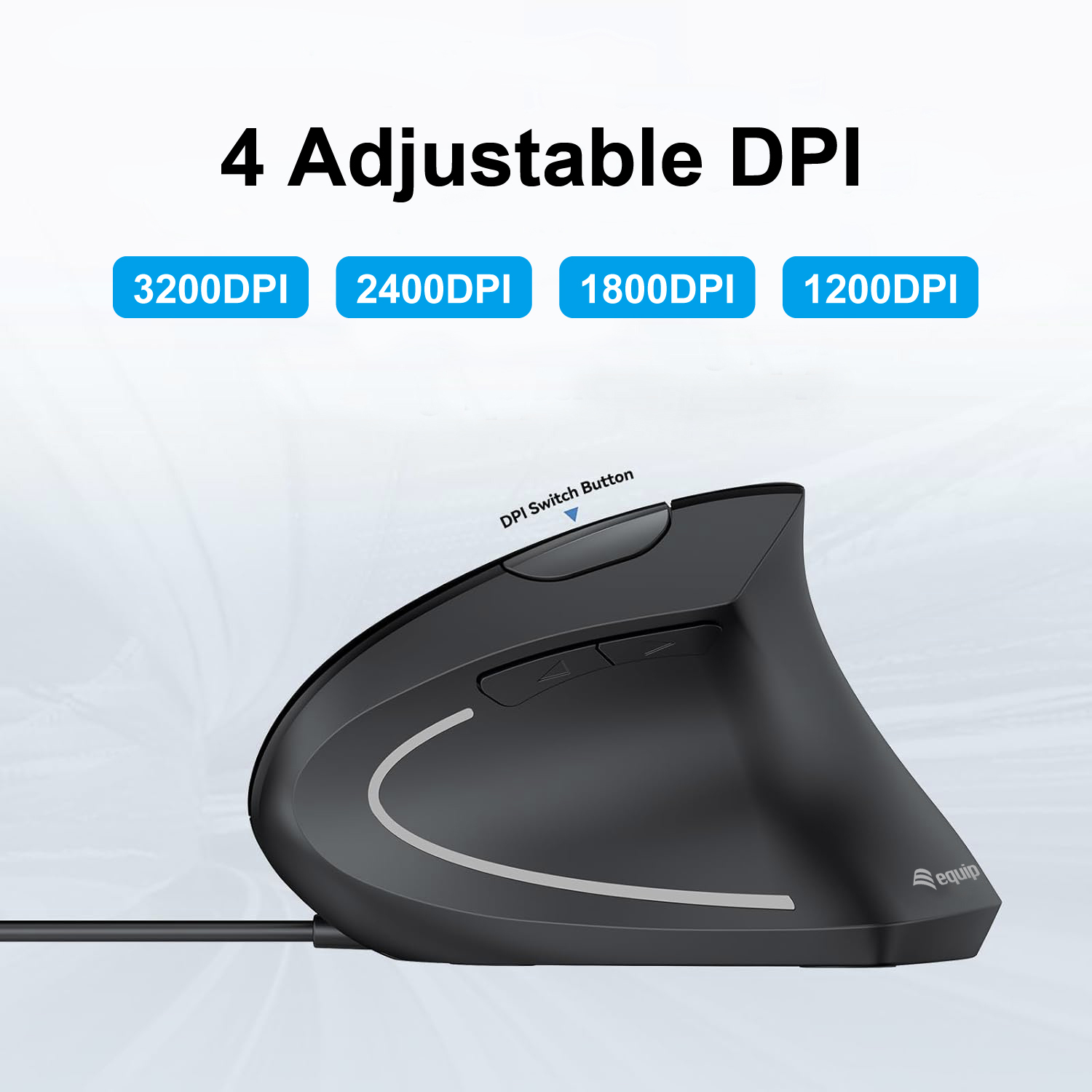 Mouse ergonomico nero con 4 impostazioni DPI regolabili: 3200, 2400, 1800 e 1200. Dispone di un pulsante di commutazione DPI.