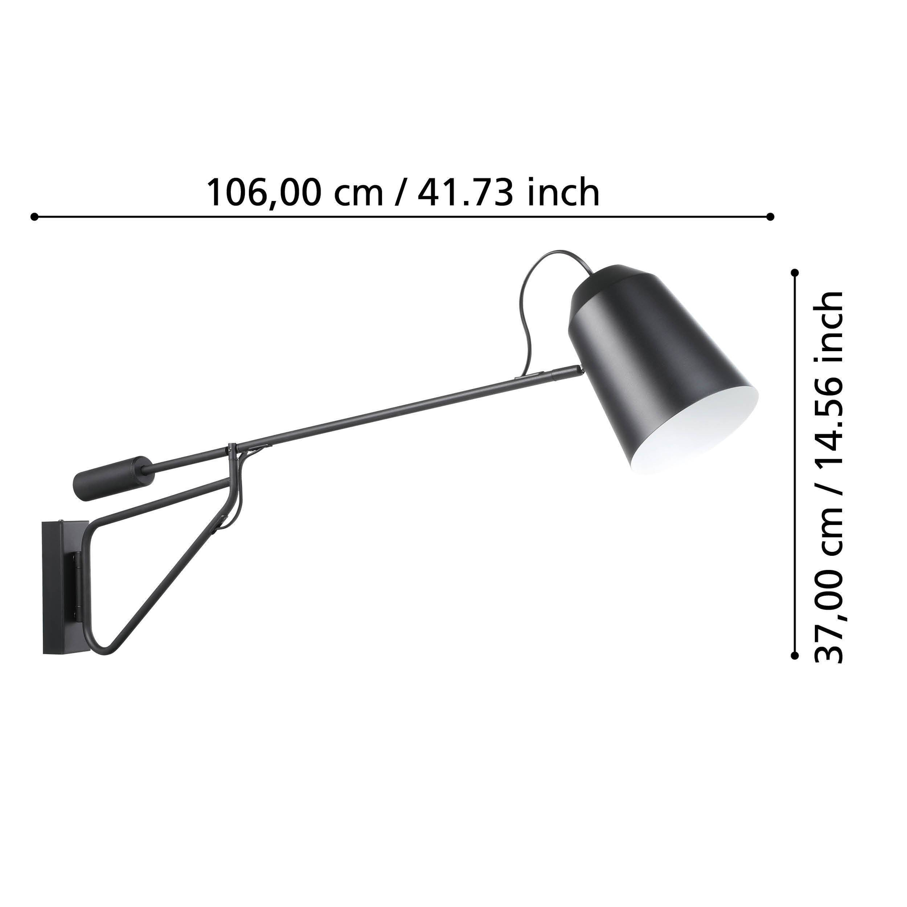 Schwarze Wandleuchte mit langem Arm und konischem Lampenschirm. Abmessungen sind in cm und Zoll angegeben.