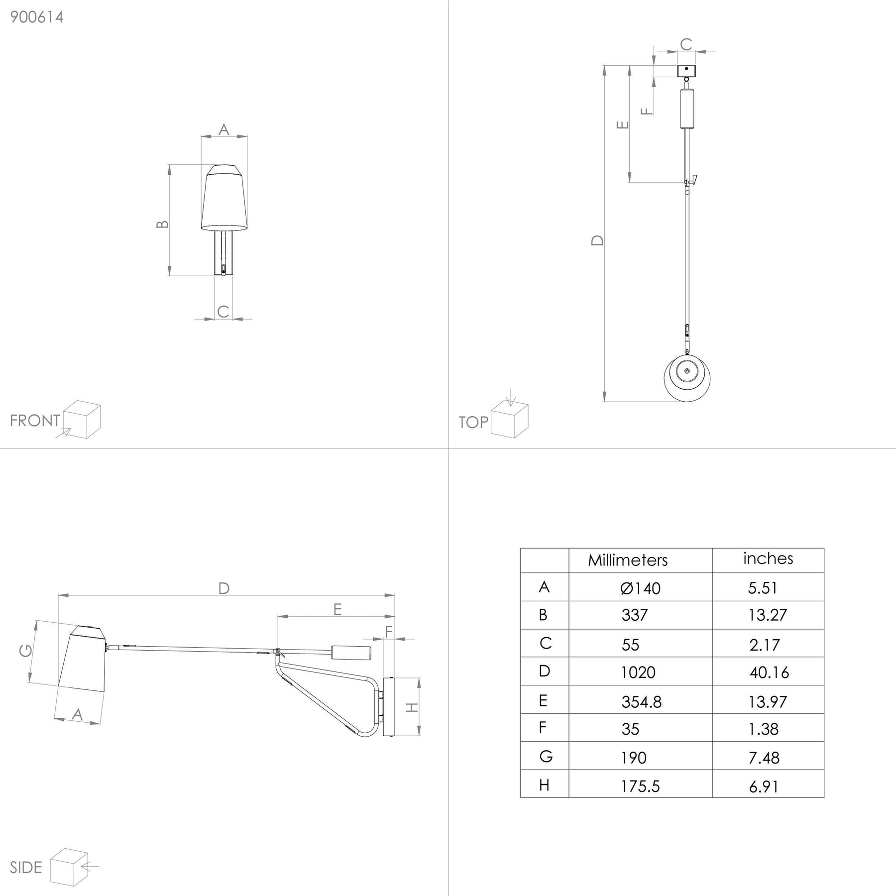 Technische Zeichnung einer Lampe mit Abmessungen, dargestellt in Vorder-, Ober- und Seitenansicht.