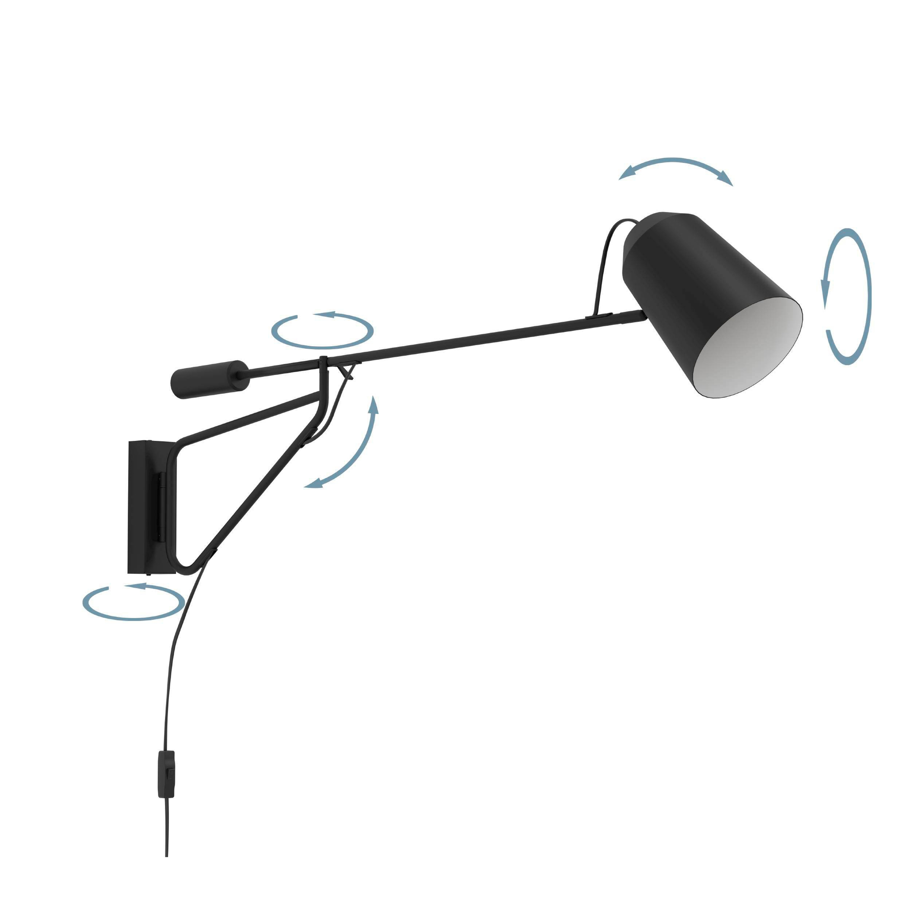 Schwarze Wandlampe mit verstellbarem Arm. Sie hat einen zylindrischen Kopf und einen Schalter am Kabel. Pfeile zeigen die Bewegung an.