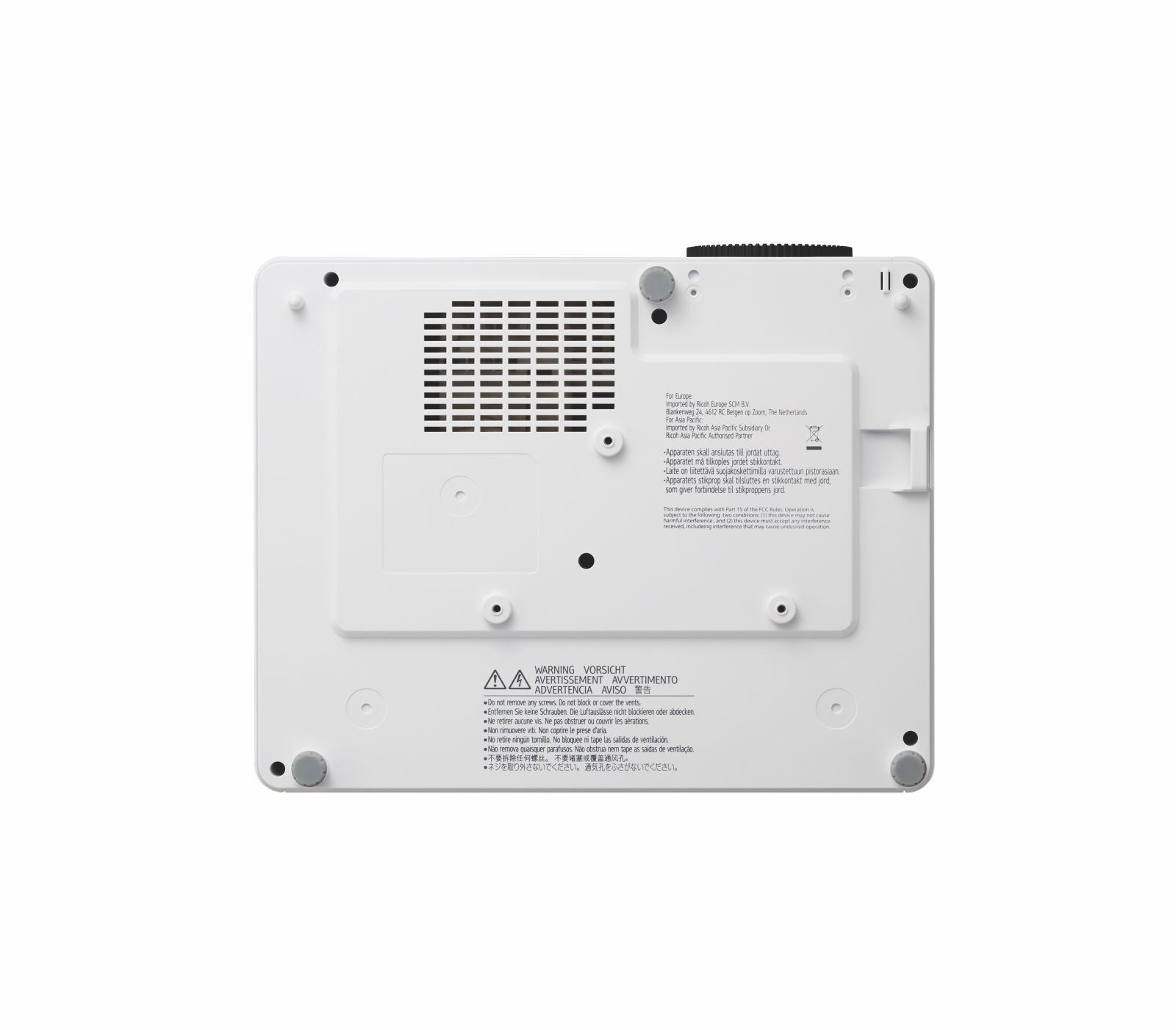 Biała podstawa projektora z otworami wentylacyjnymi, tekstem i etykietami ostrzegawczymi. Zaokrąglone rogi i nóżki.