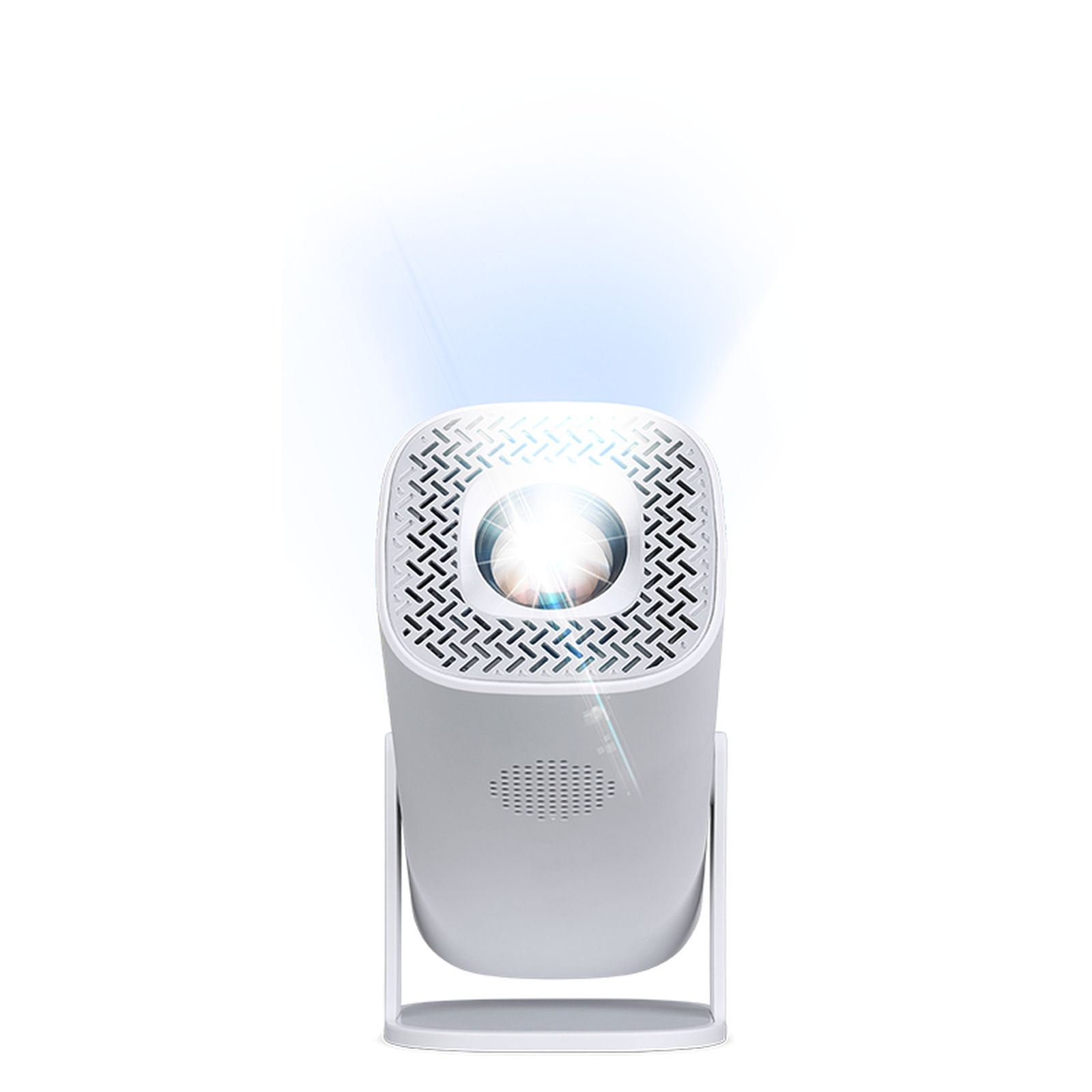 A white projector with a blue light beam. It stands on a white stand against a white background.