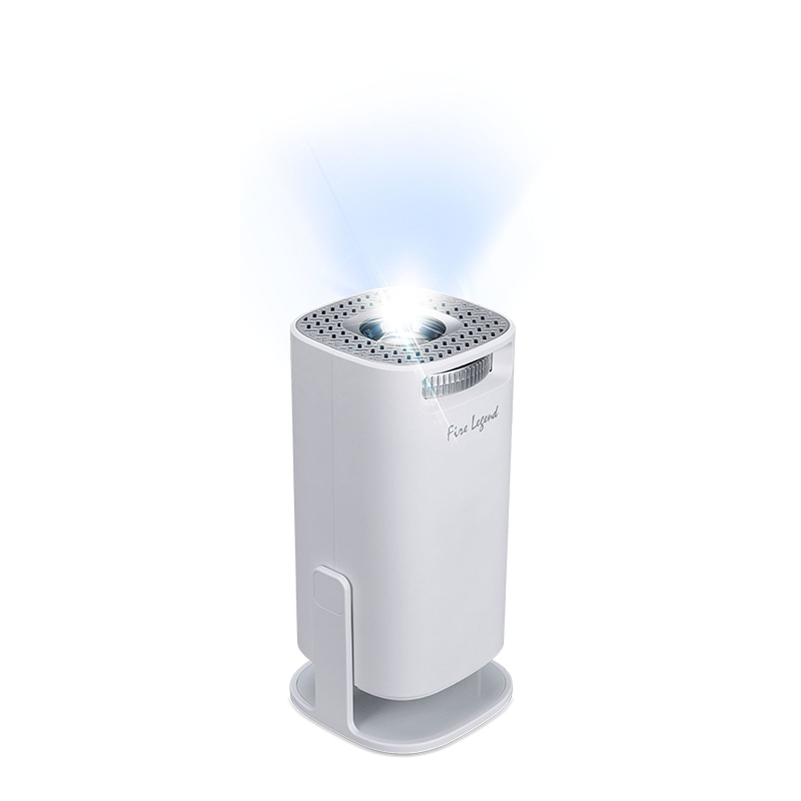 A white air purifier with a glowing top. It has a base and a support. The brand name "Fire Legend" is visible.