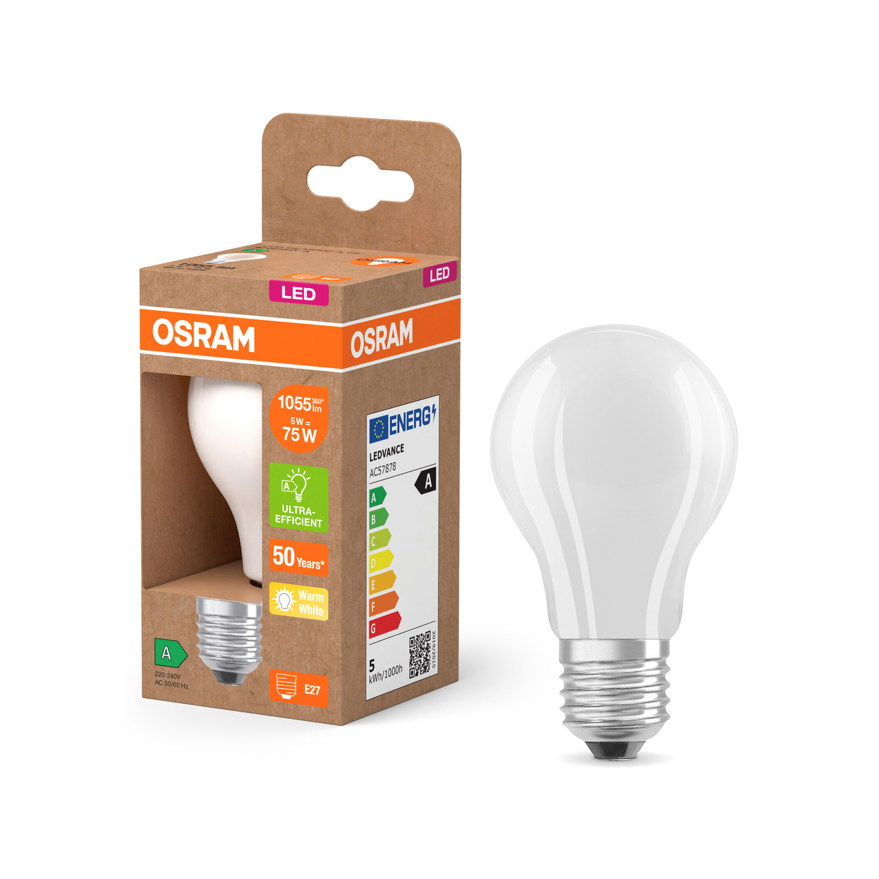 Una lampadina LED bianca e la sua confezione. La scatola è marrone con scritte arancioni e bianche. La lampadina è su sfondo bianco.