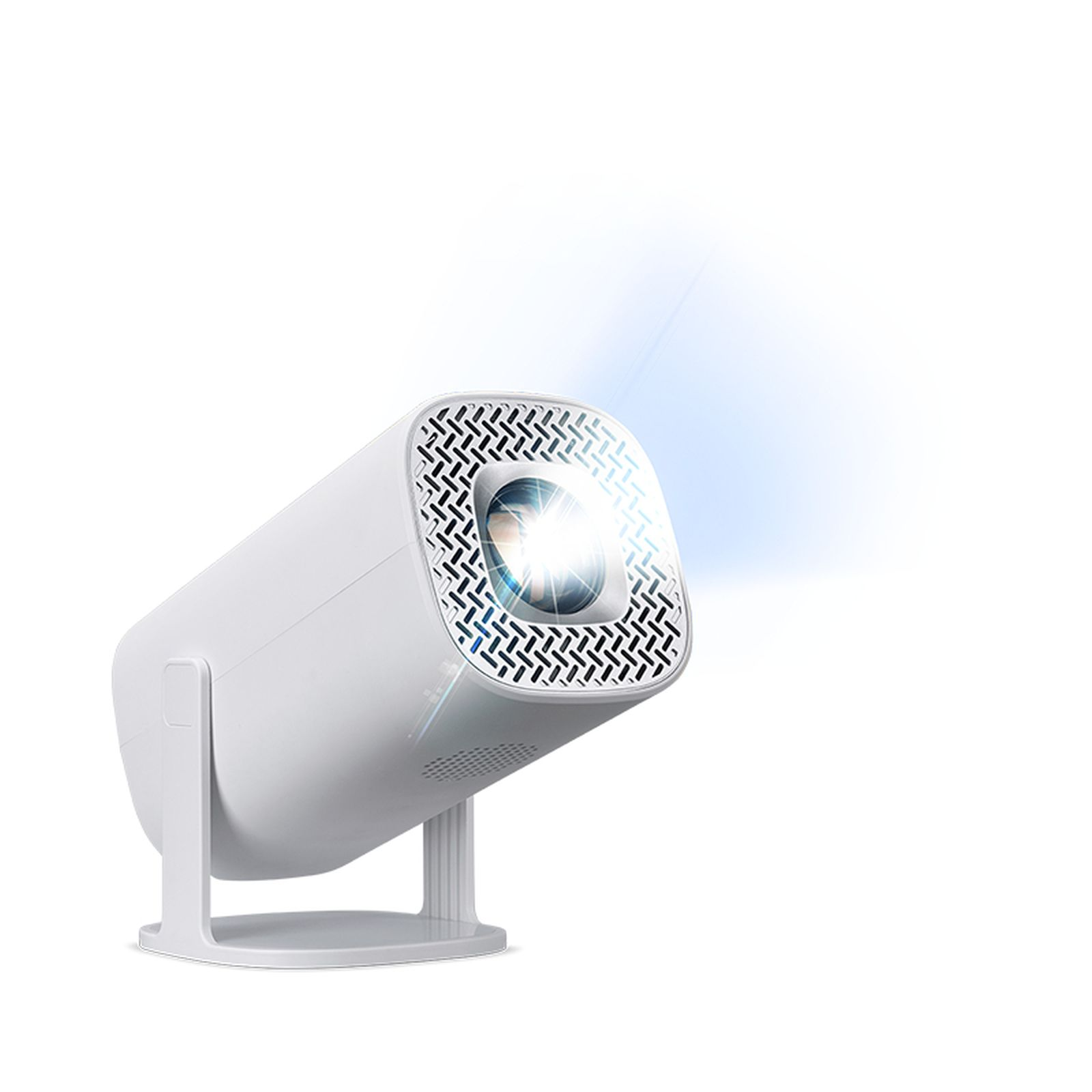 A white projector is on a white base. The projector is angled to the left, emitting a blue beam of light.