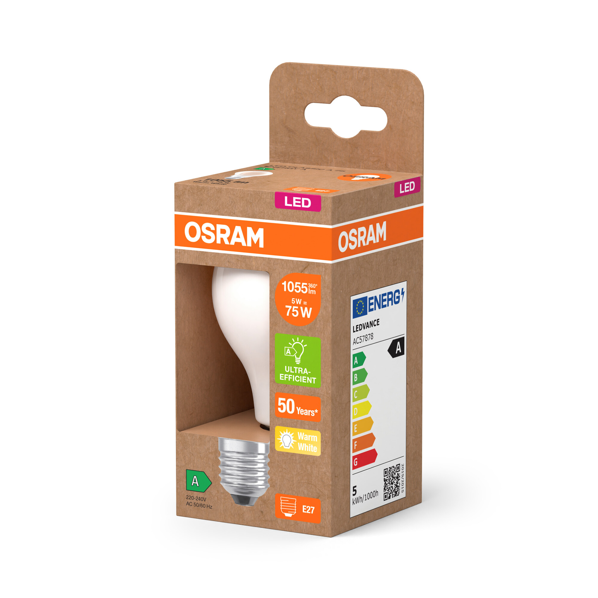 Una lampadina in una scatola di cartone. La scatola è etichettata OSRAM e riporta i dettagli sull'efficienza energetica.