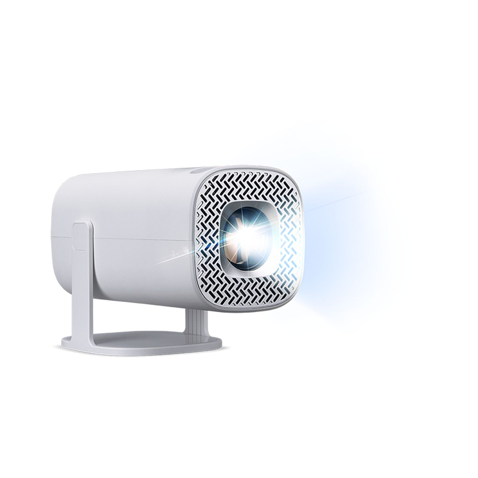 A white projector with a geometric front. It's projecting a beam of light. The background is white.
