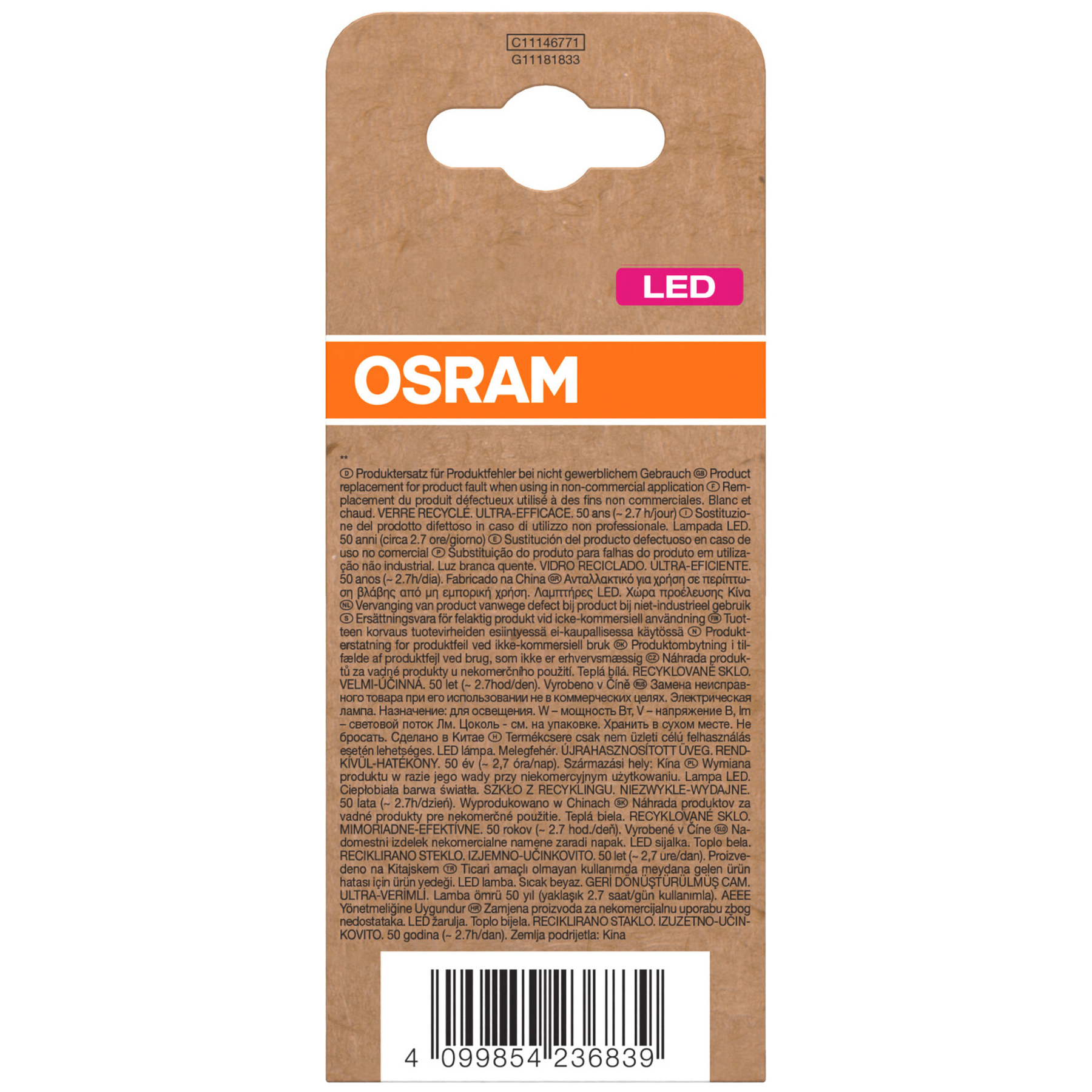 Confezione del prodotto con logo OSRAM, etichetta LED e informazioni sul prodotto. Sfondo marrone.