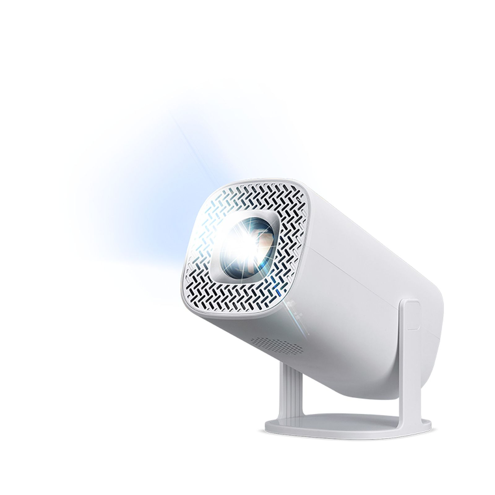 A white projector with a patterned front and light beam, set against a white background. It is on a stand.