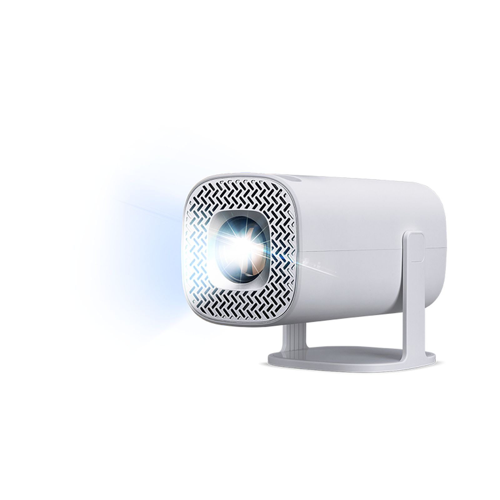 A white projector with a blue light beam. It has a patterned front and is on a stand, against a white background.