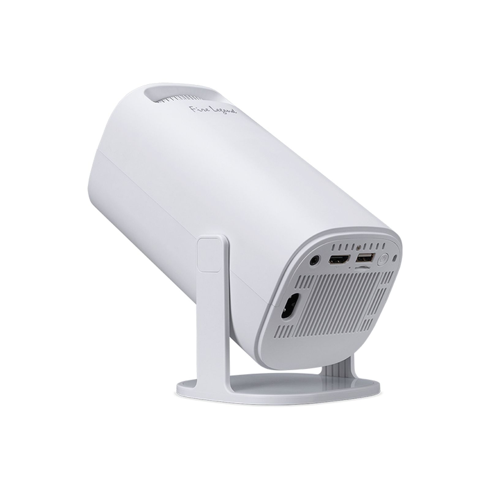 White projector on a white stand, tilted. Backside shows ports. Fire Legend logo is visible.