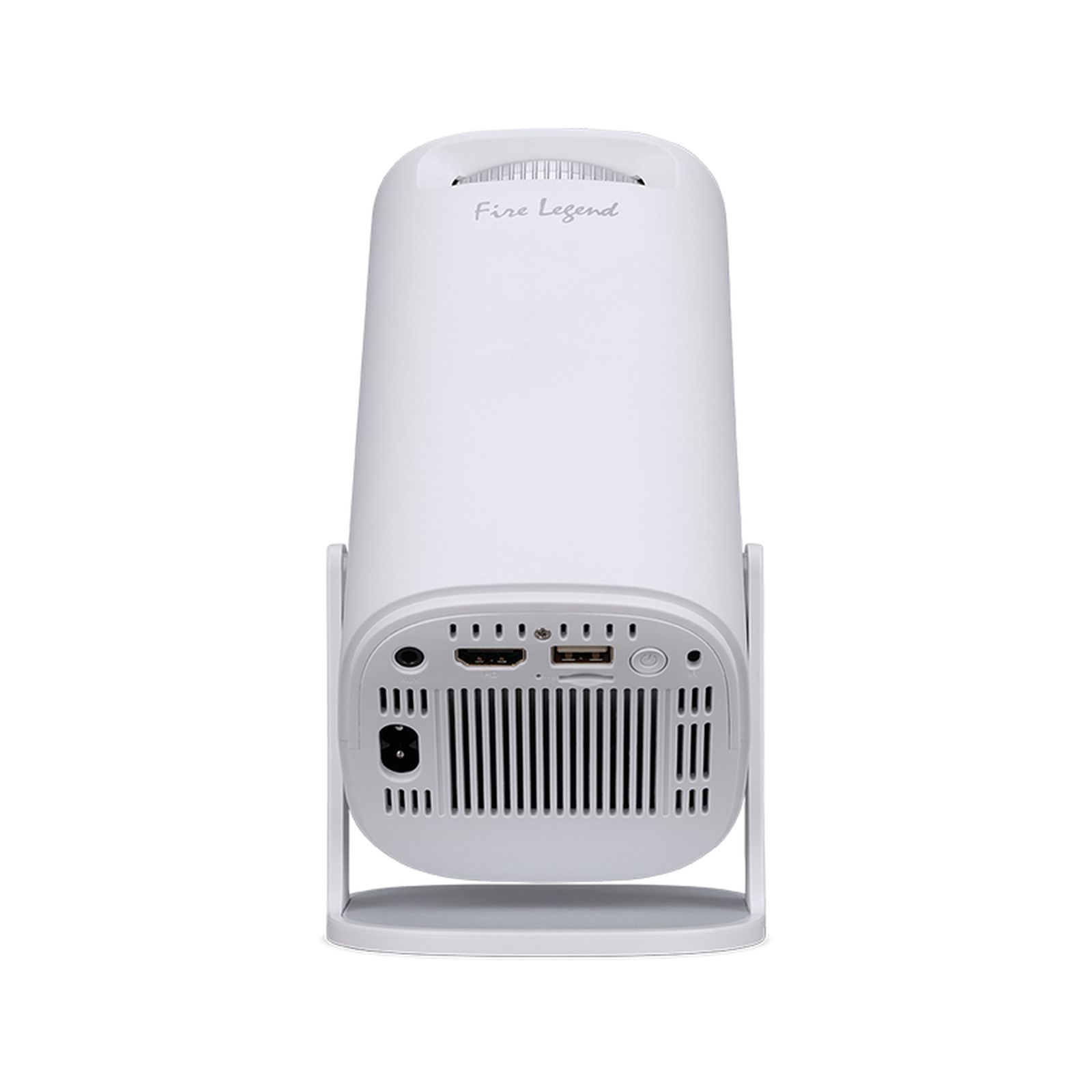 White projector with 'Fire Legend' on top. It has a cylindrical body, a gray base and ports at the back.