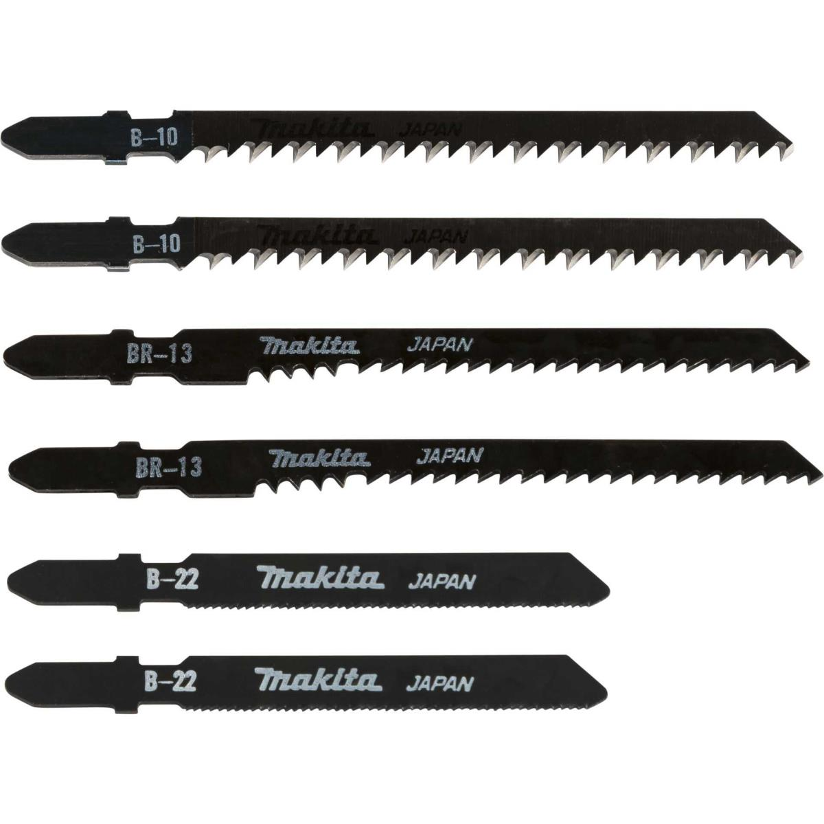 Sześć czarnych brzeszczotów Makita. Każde ostrze ma zęby wzdłuż jednej krawędzi. Ostrza są oznaczone jako B-10, BR-13 i B-22.