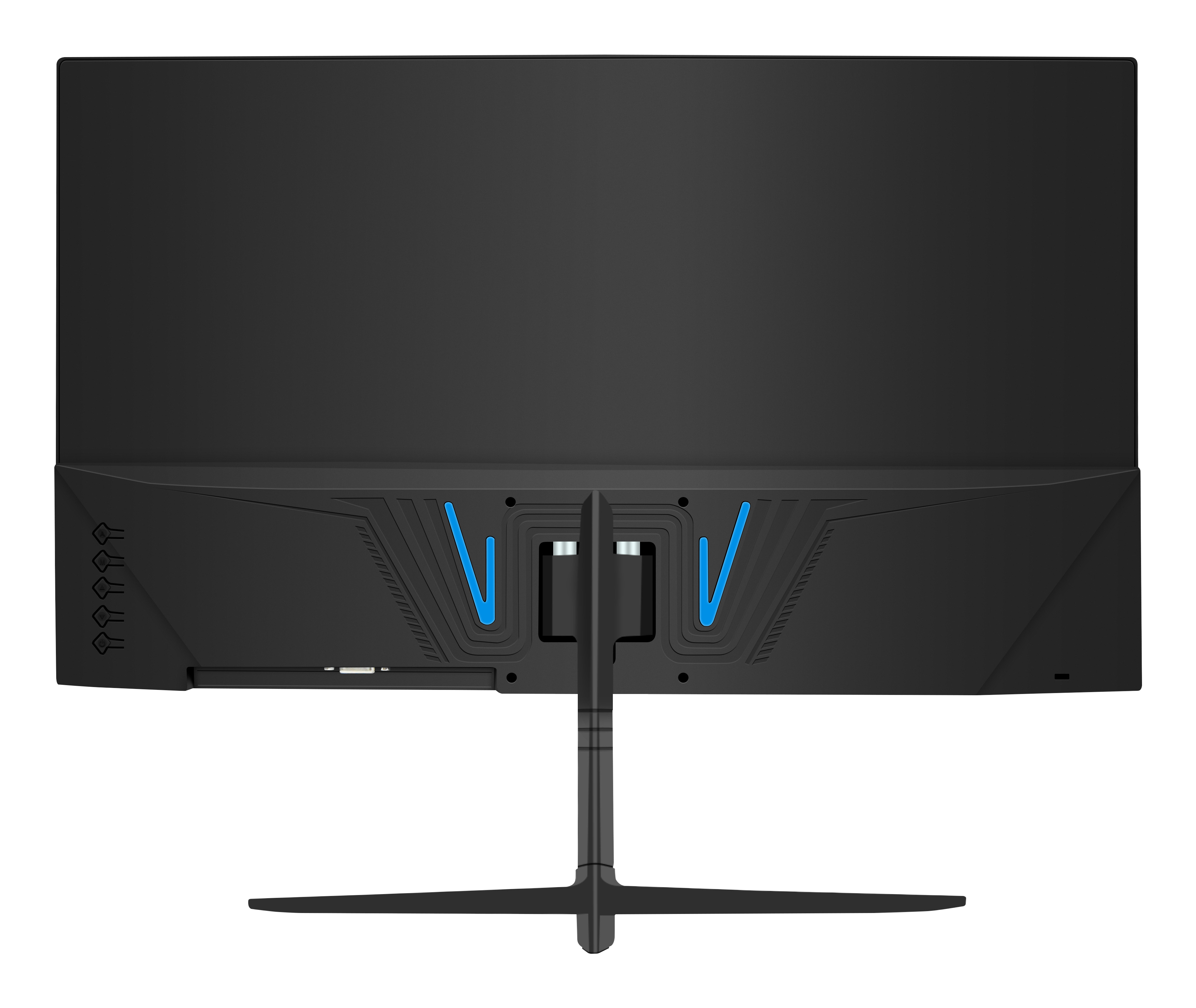 Rear view of a black computer monitor with blue accents. It has a stand and various ports.