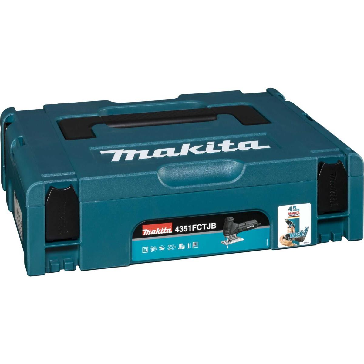 Turkusowa walizka na narzędzia Makita. Logo Makita na górze. Numer modelu 4351FCTJB. Czarny uchwyt i zatrzaski. Mała naklejka.