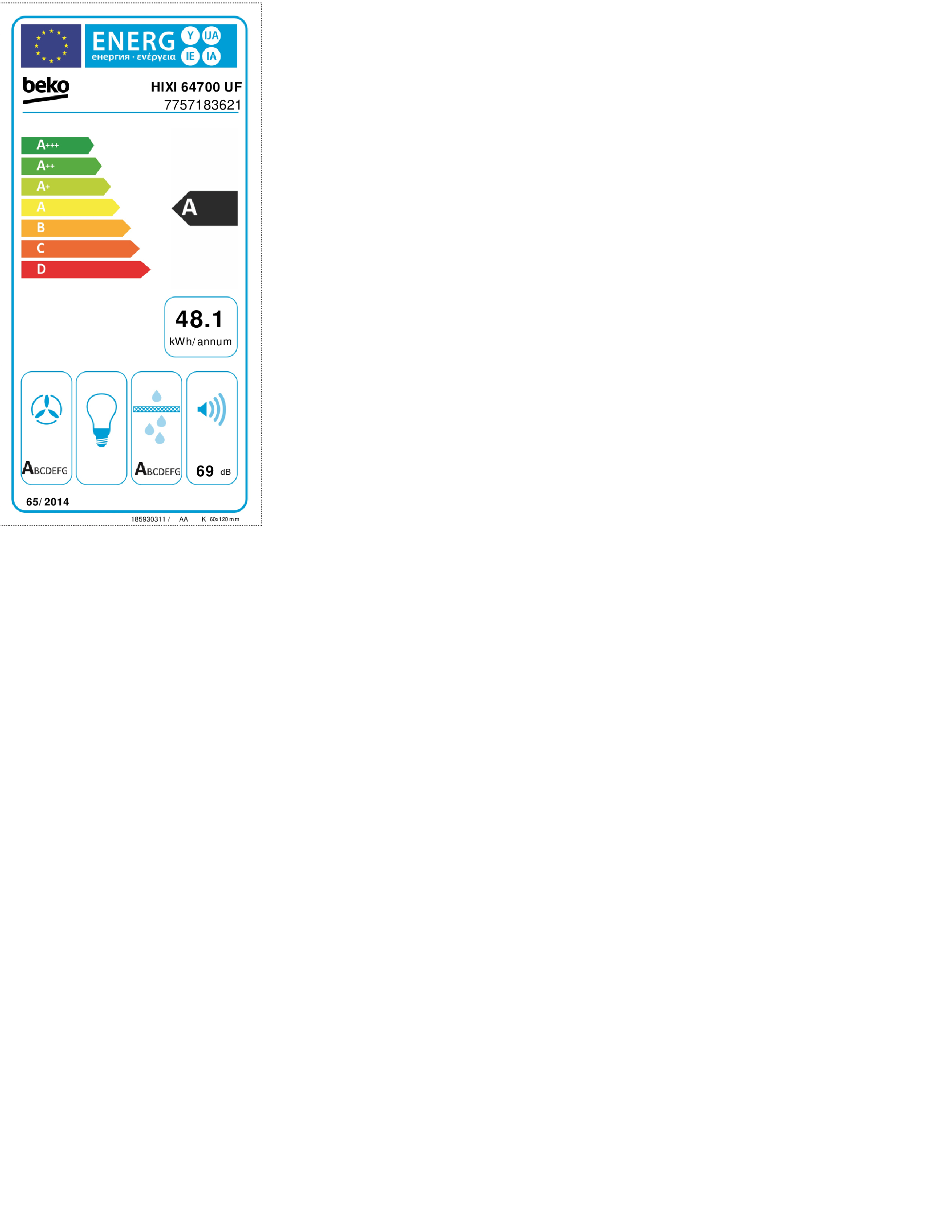 Etichetta energetica per un elettrodomestico Beko, con classi di efficienza energetica e dettagli.