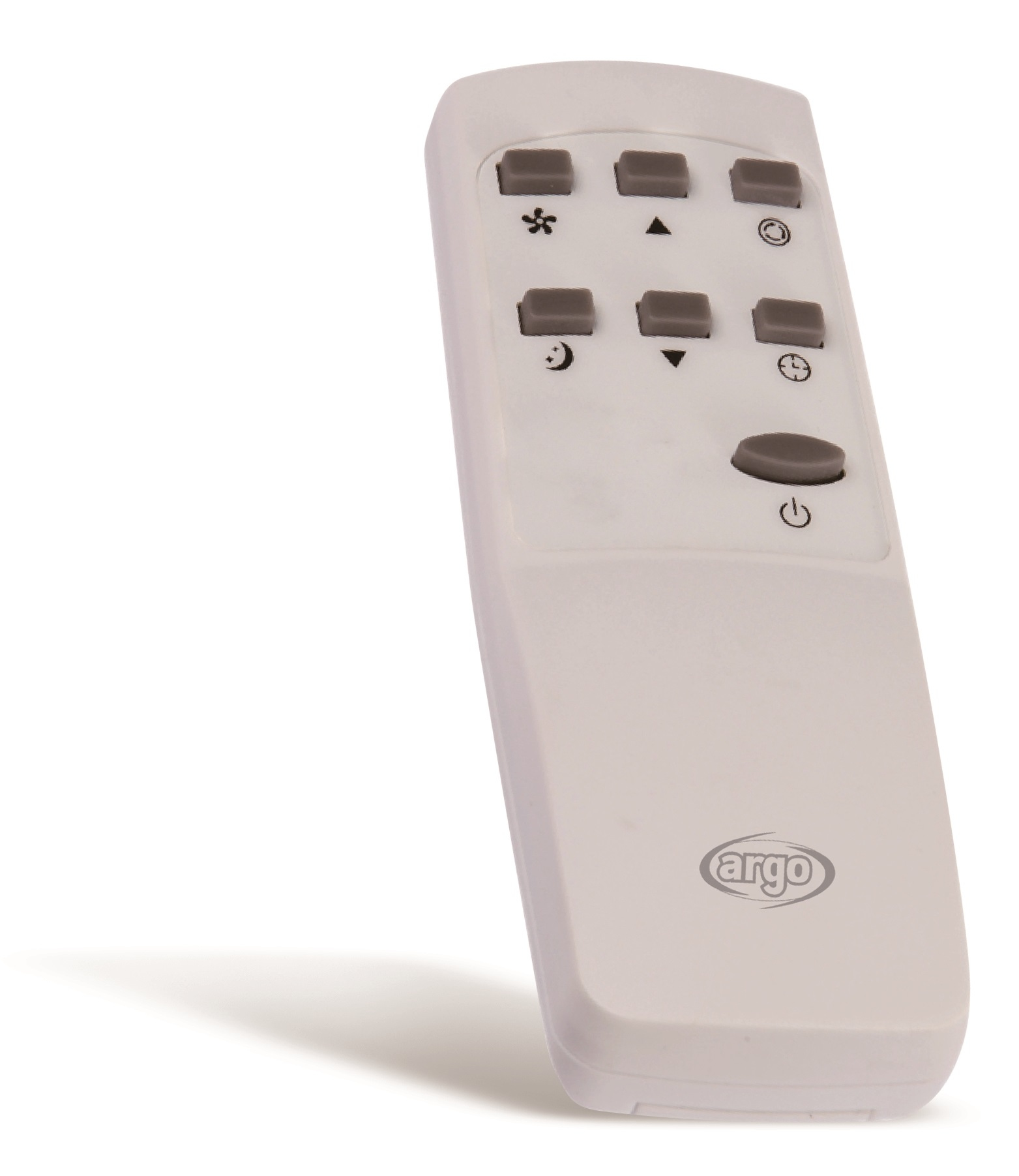 Un telecomando bianco con diversi pulsanti e un logo 'argo'. I pulsanti includono ventola, frecce, luna, timer e accensione/spegnimento.