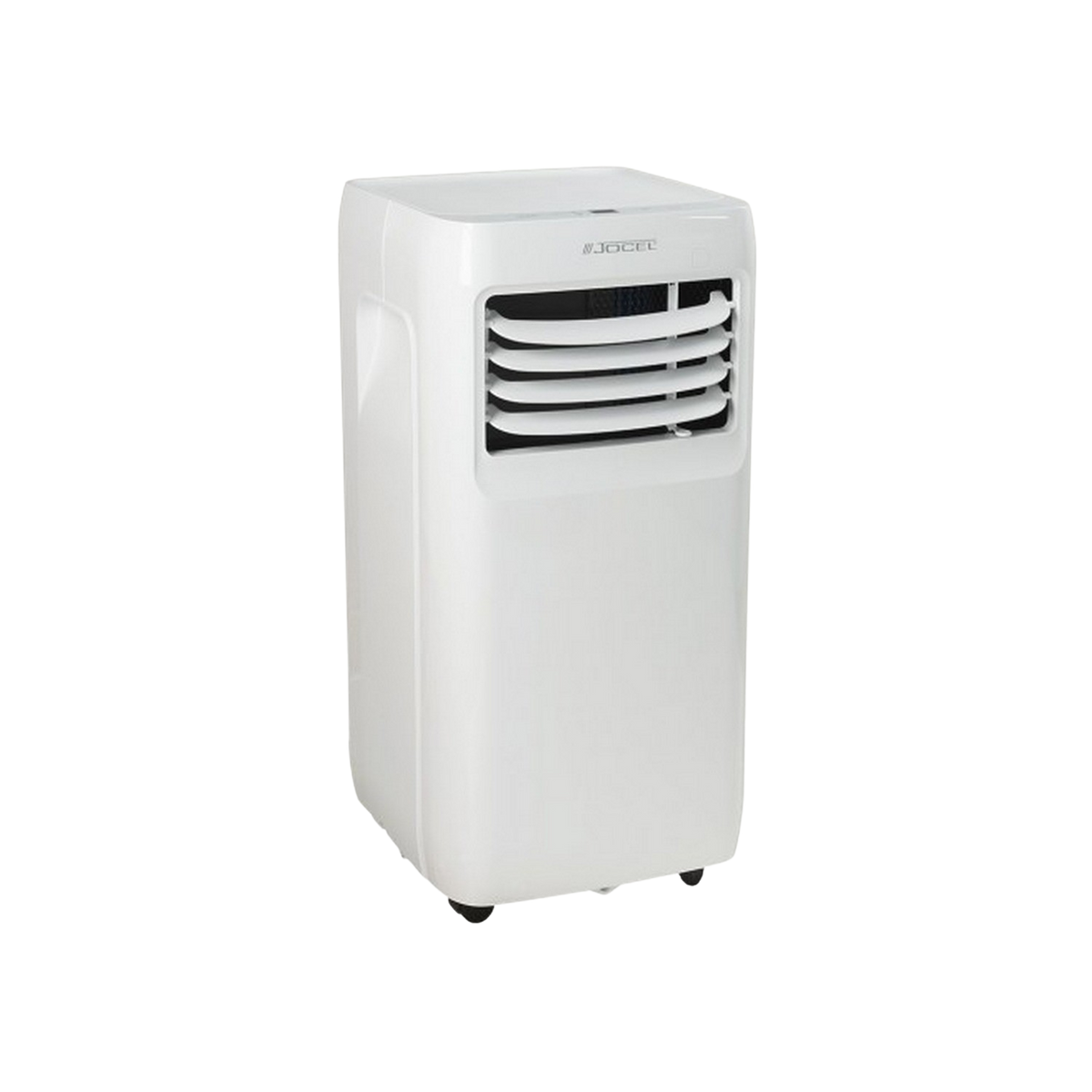 Un aire acondicionado portátil blanco con ventilación, ruedas y la marca 'JOCEL' arriba, sobre un fondo negro.