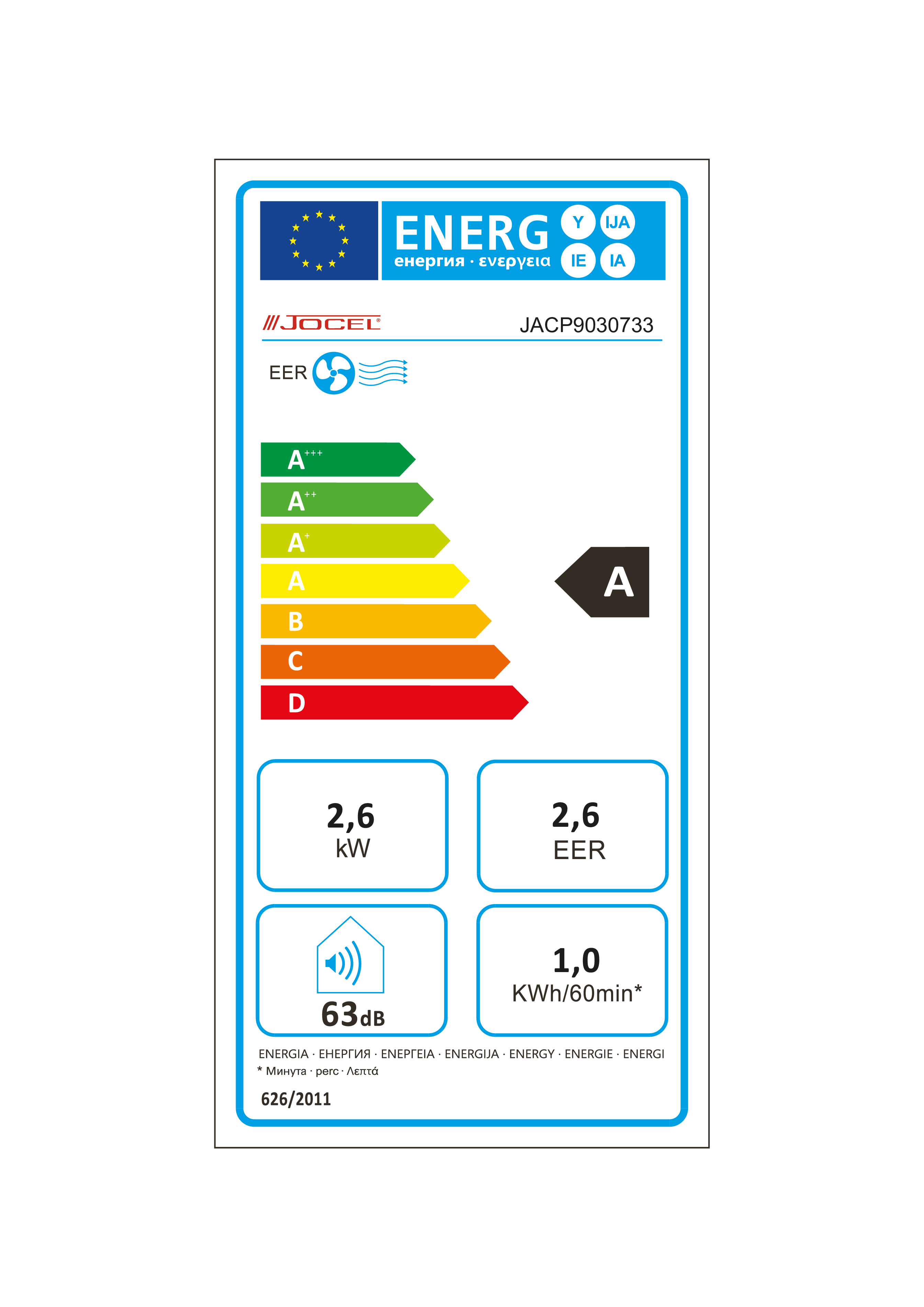 Etiqueta energética con clasificación A. Contiene información de eficiencia energética, incluido el consumo de energía en kWh/60min y el nivel de ruido en dB.