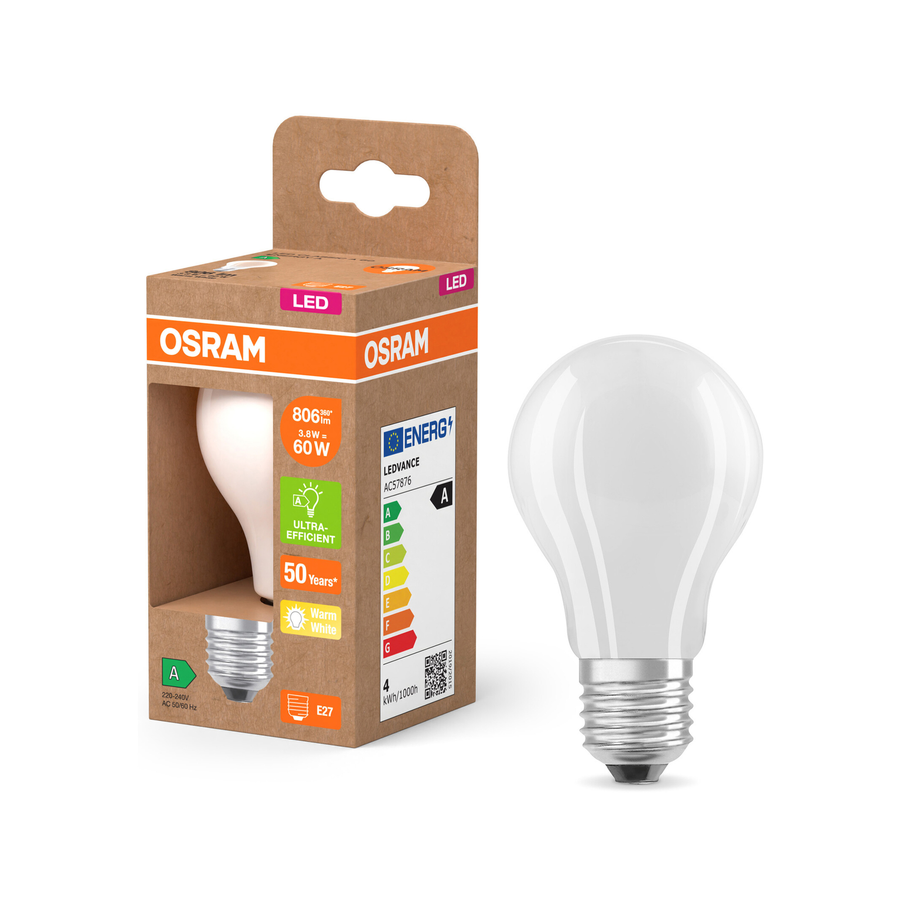 Żarówka LED OSRAM i jej pudełko. Pudełko zawiera szczegółowe informacje na temat efektywności energetycznej i specyfikacji żarówki.