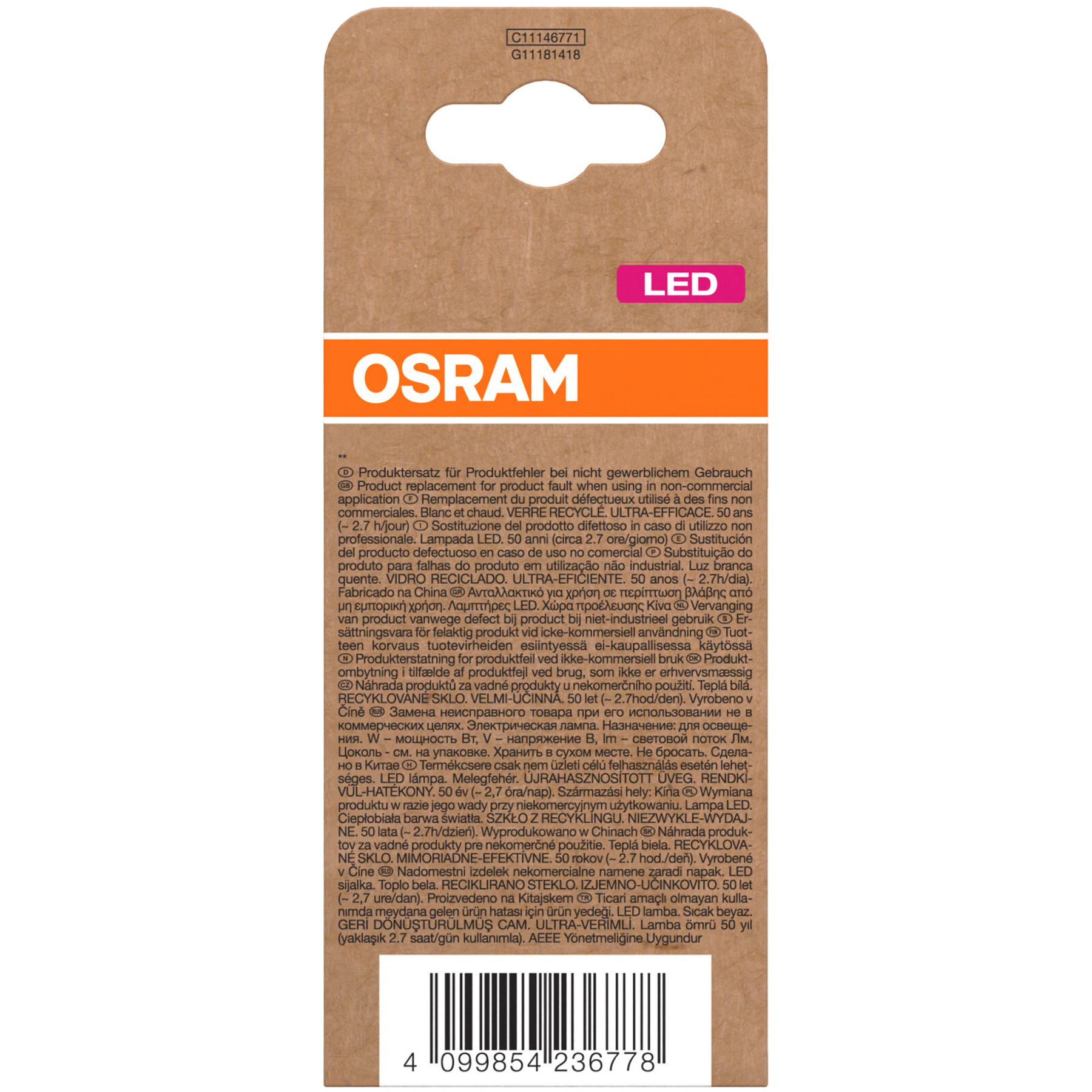 Brązowy karton z tekstem i pomarańczowo-białą etykietą. Tekst zawiera OSRAM i LED.