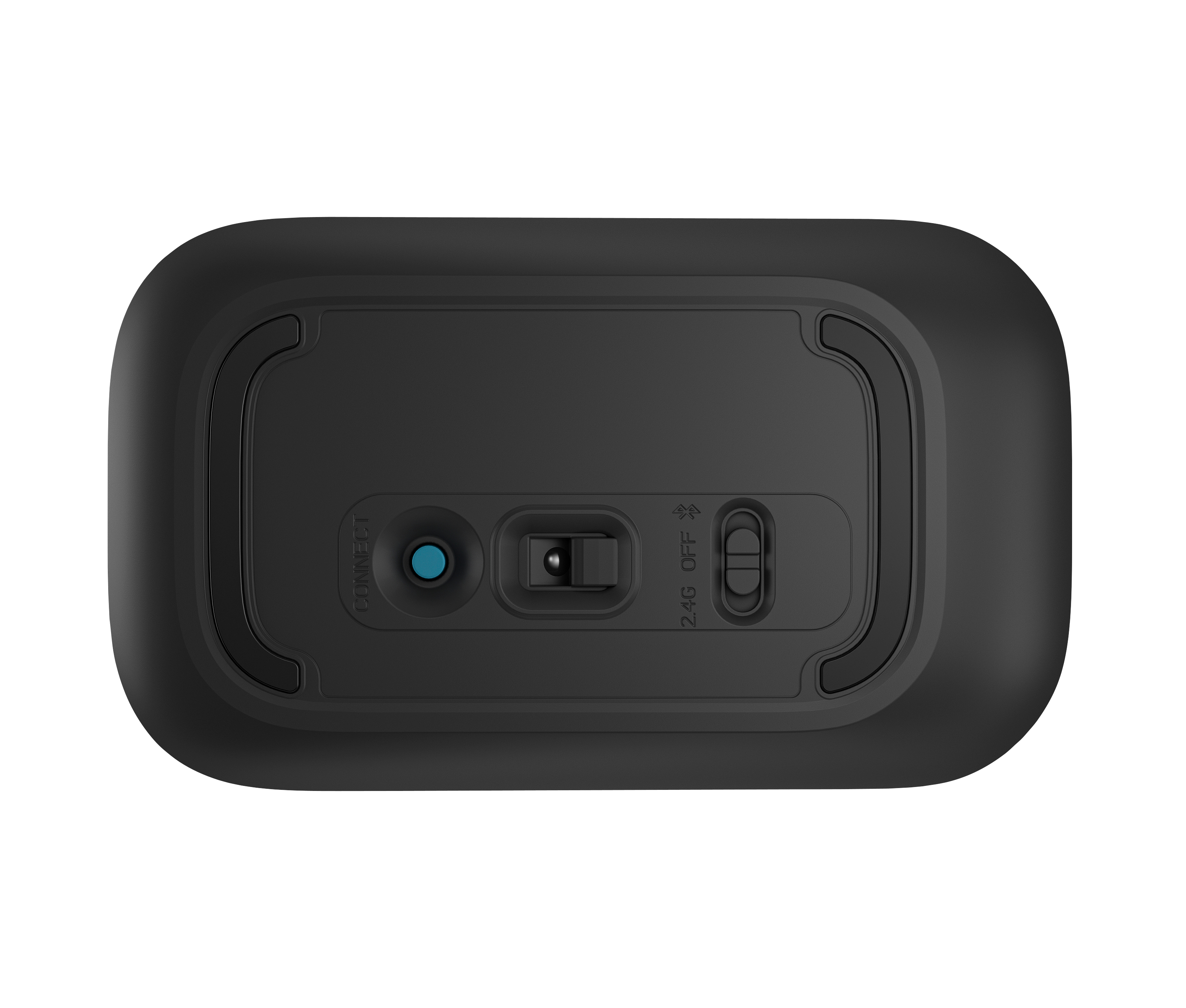 Widok od spodu czarnej myszy. Posiada niebieski przycisk, przełącznik i przełącznik 2.4G/OFF.