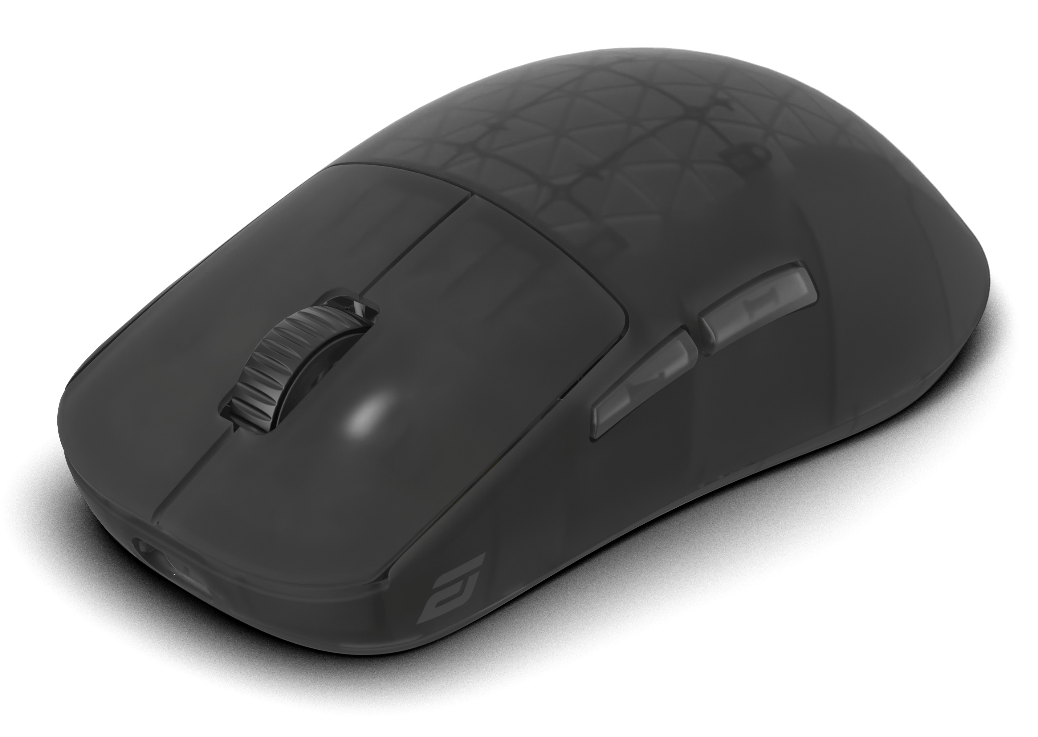 A black wireless computer mouse on a white background. It has buttons and a scroll wheel.