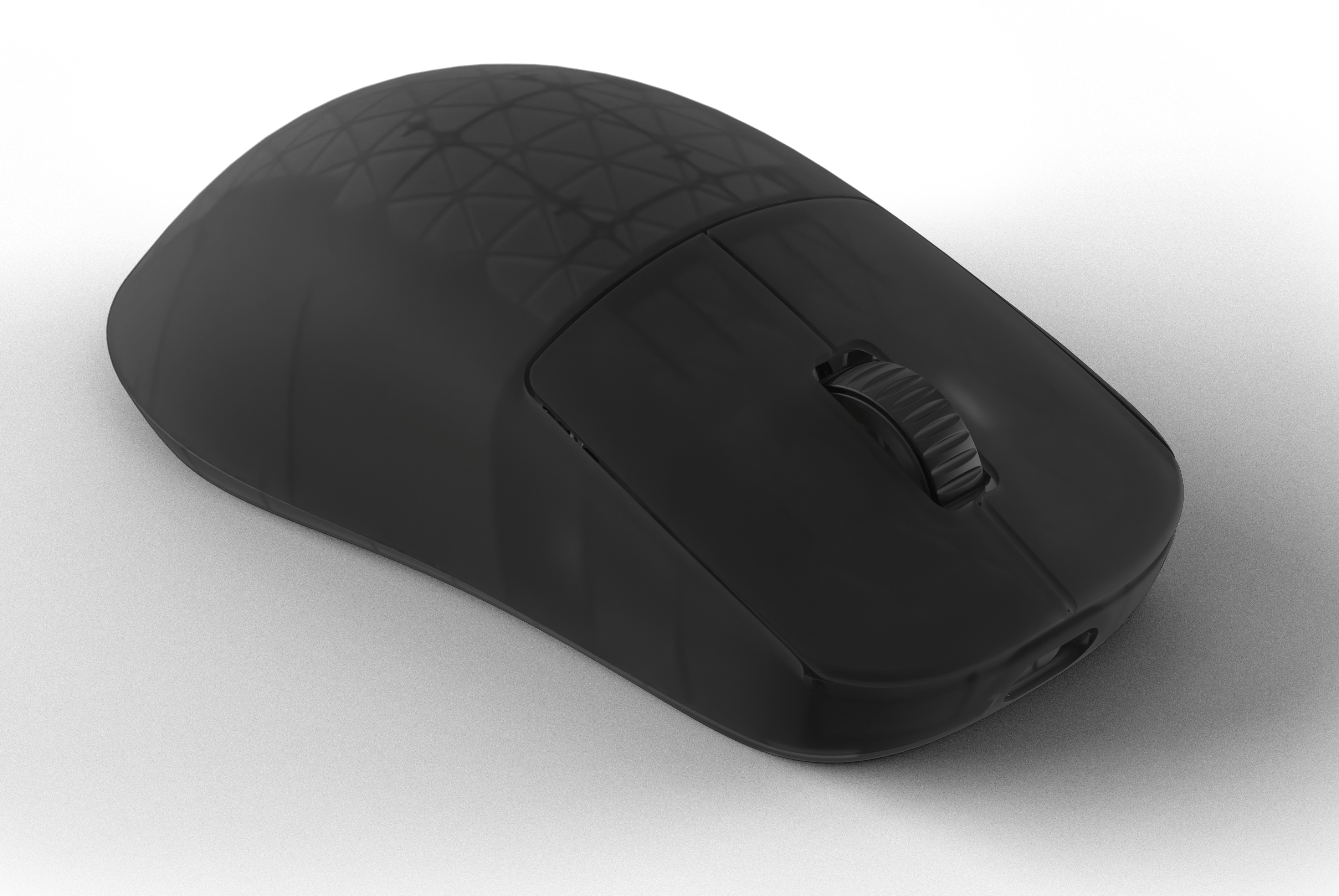 Black computer mouse on a white surface. The mouse has a scroll wheel and two buttons.