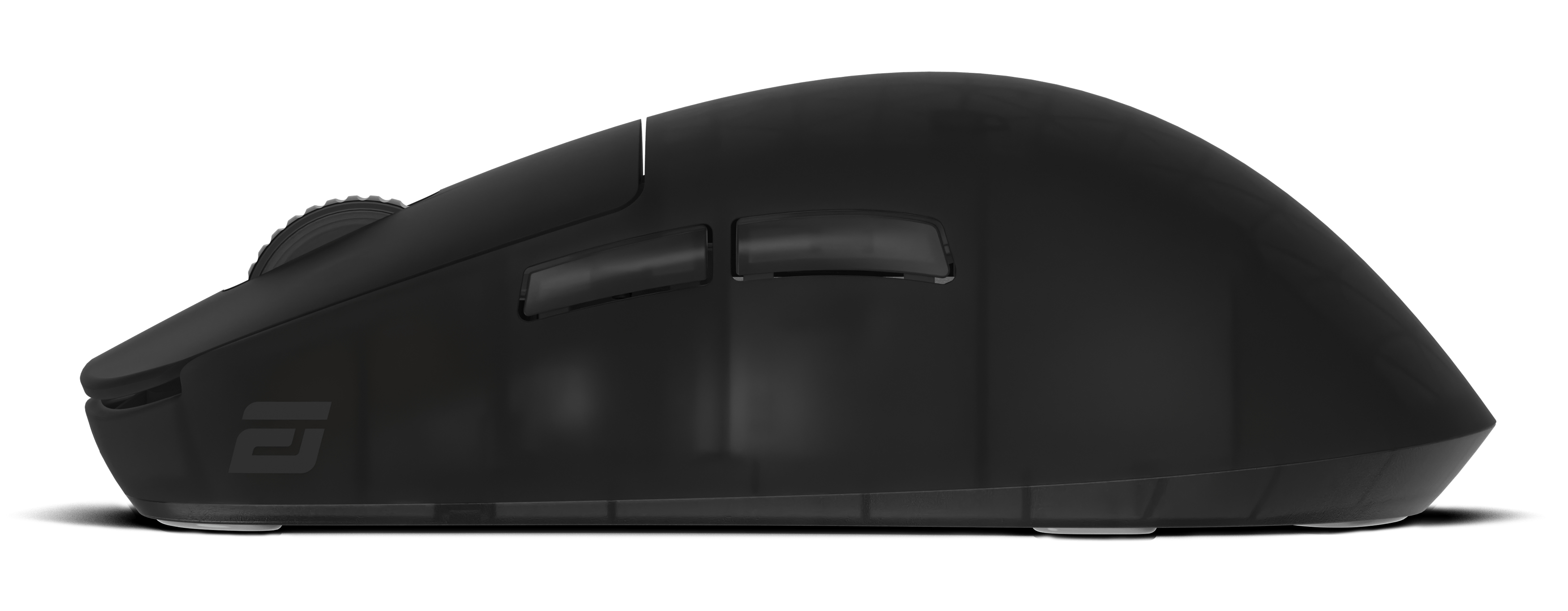 Side view of a black computer mouse. It has a scroll wheel, two side buttons, and a logo. The mouse rests on a white surface.