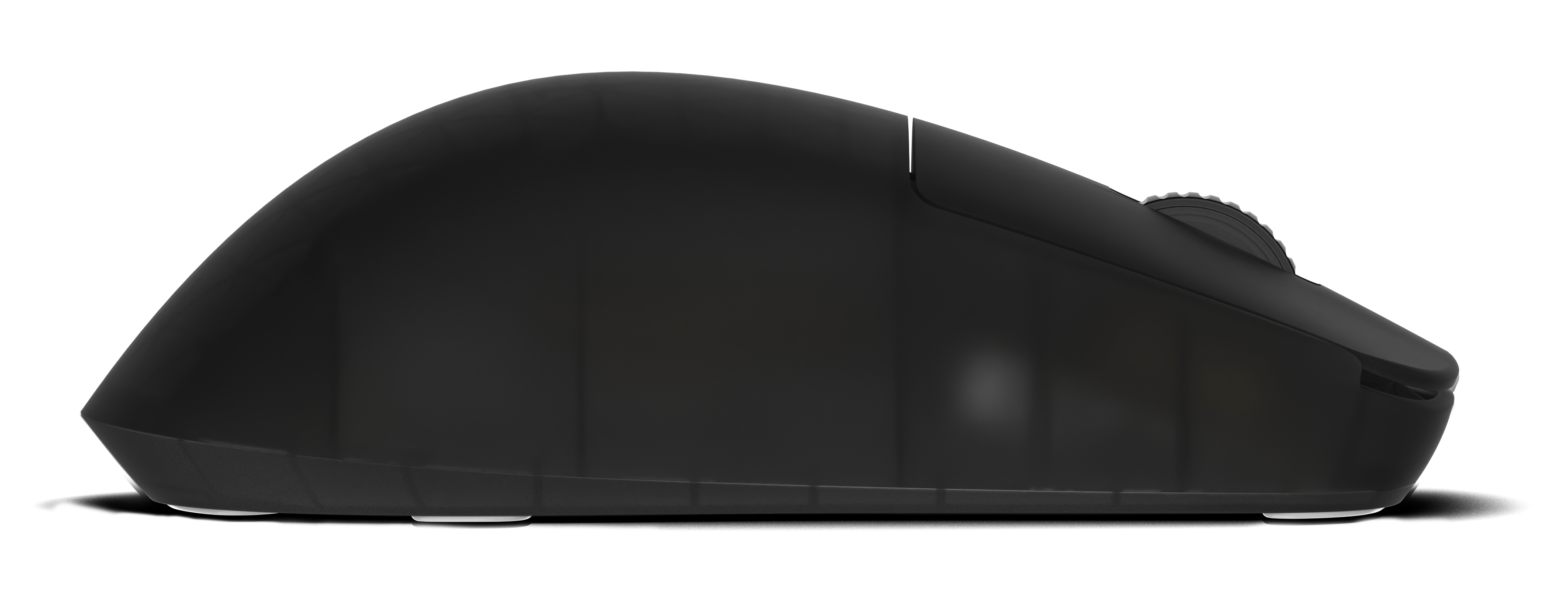 A black computer mouse is shown from a side view, against a white background, with a wheel and two feet.