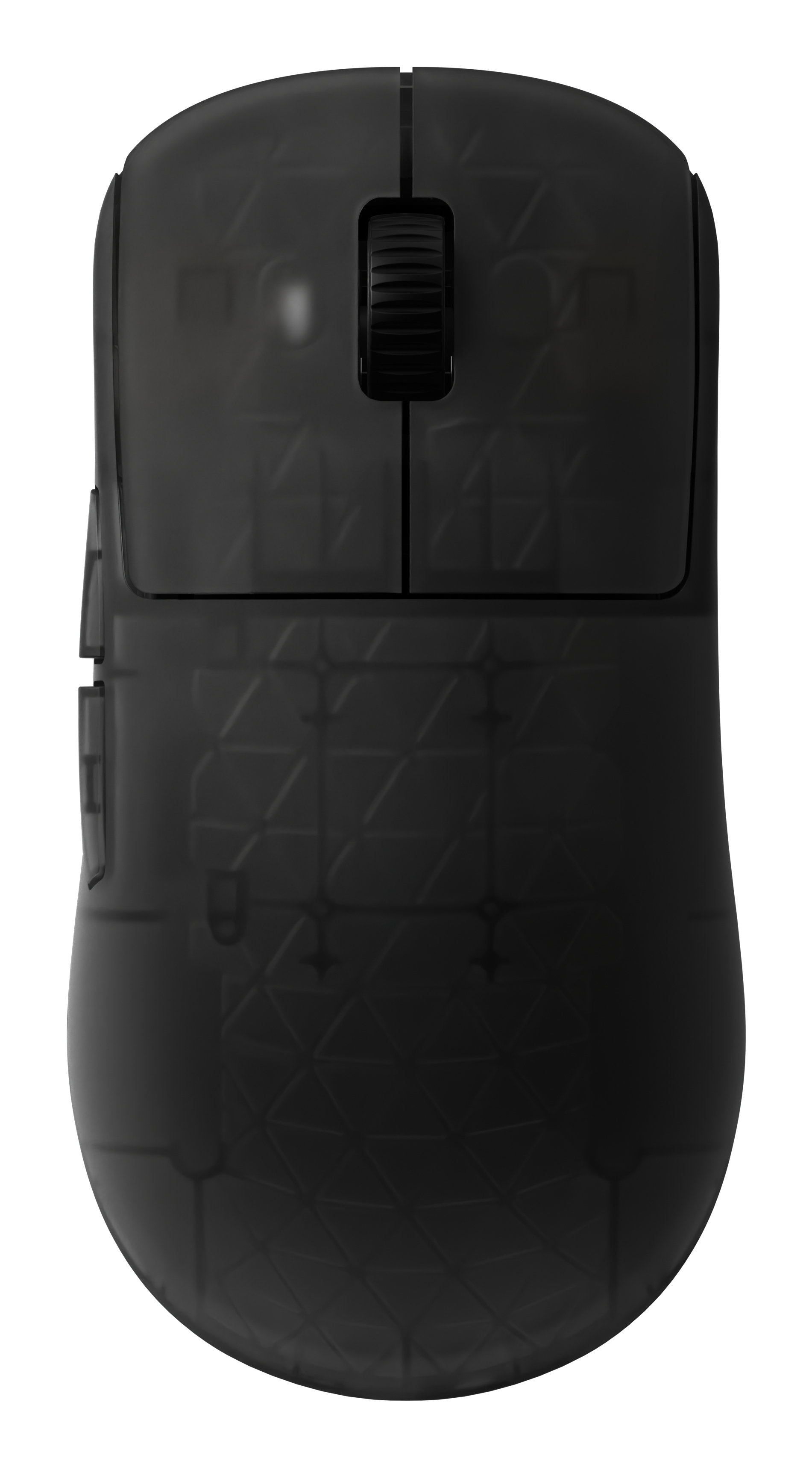 A black wireless computer mouse with a scroll wheel, textured surface, and side buttons. It's against a white background.